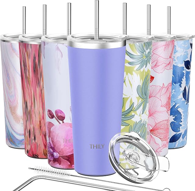 Tumbler Stainless Steel Travel Mug - THILY 780 ml Triple-Insulated Coffee Cup with 2 Lids and Straws, Reusable, Powder Coated, Splash-Proof, Keep Ice Drinks Cold, Lavender