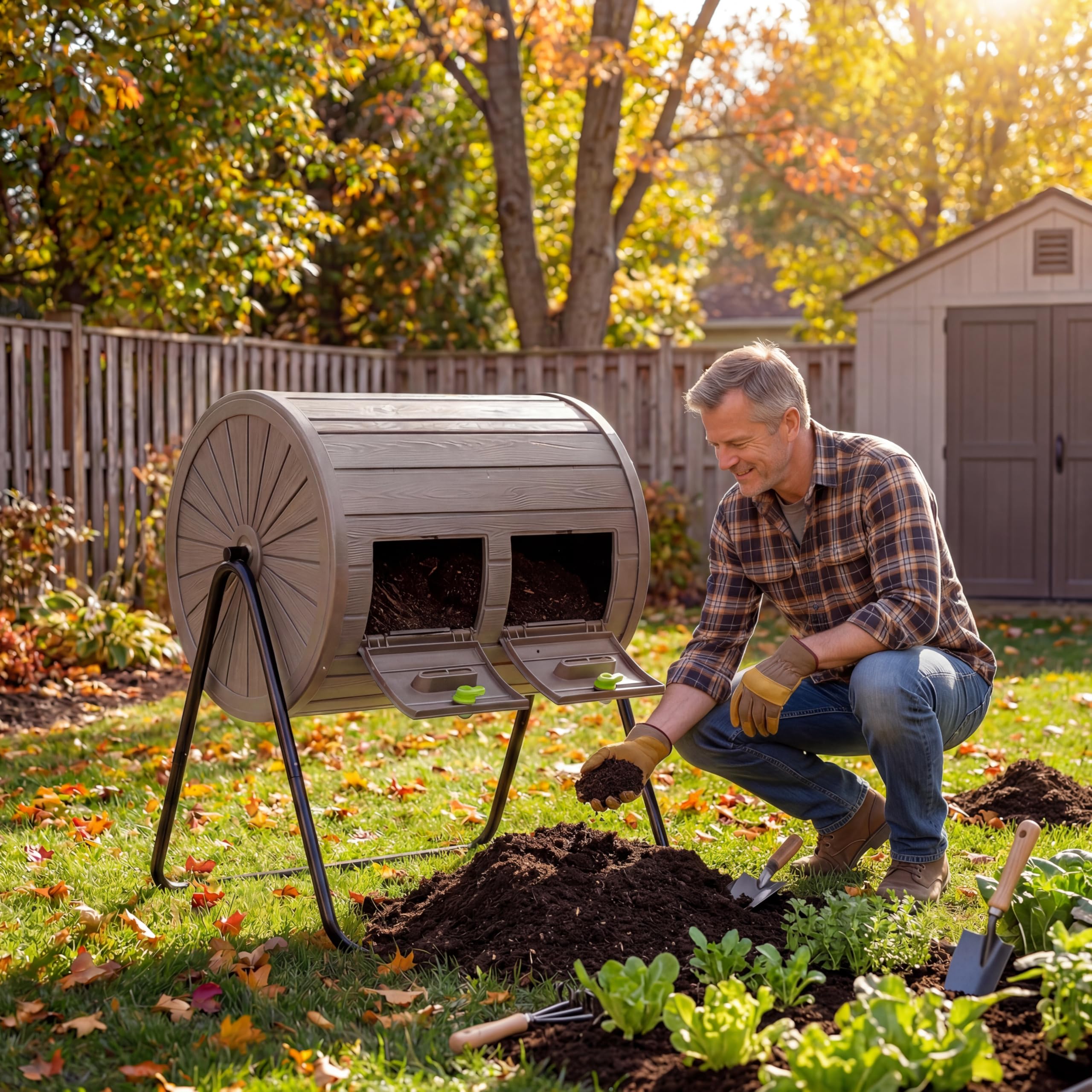 GYMAX Composteur 142L Rotatif à 360°, Bac à Compost Extérieur à Deux Compartiments, avec Portes Verrouillables et Socle Métallique, pour Déchets Alimentaires et Jardinage (Noir)