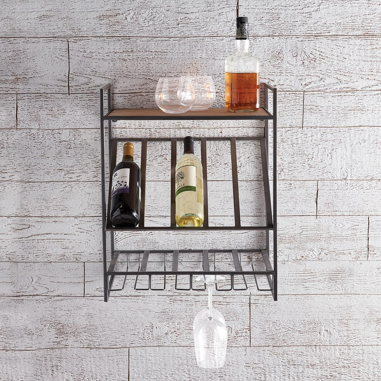 47th & Main Wall Mounted Wine Glass Storage Rack, 6-Bottle, Iron/Wood