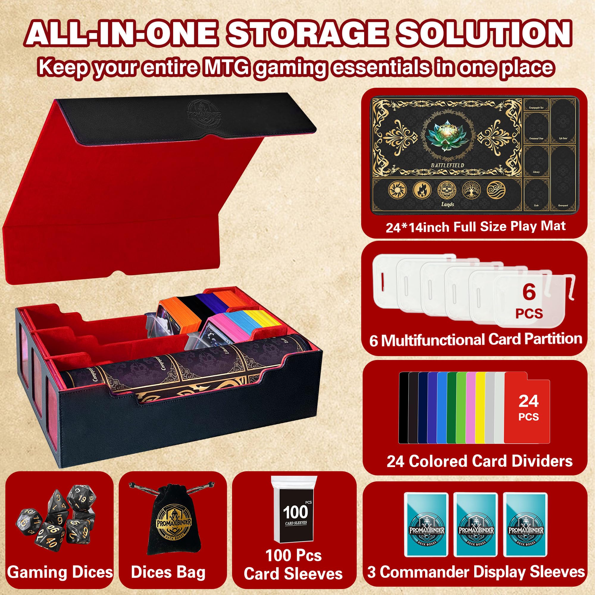 PROMAXIBINDER MTG Trading Card Storage Box with Playmat Fits 3000+ Cards, 3-Row Commander Deck Case, 3 Display Windows, 6 Movable Partitions, 24 Dividers, for Magic/TCG/YuGiOh/Sport (Black&Red)