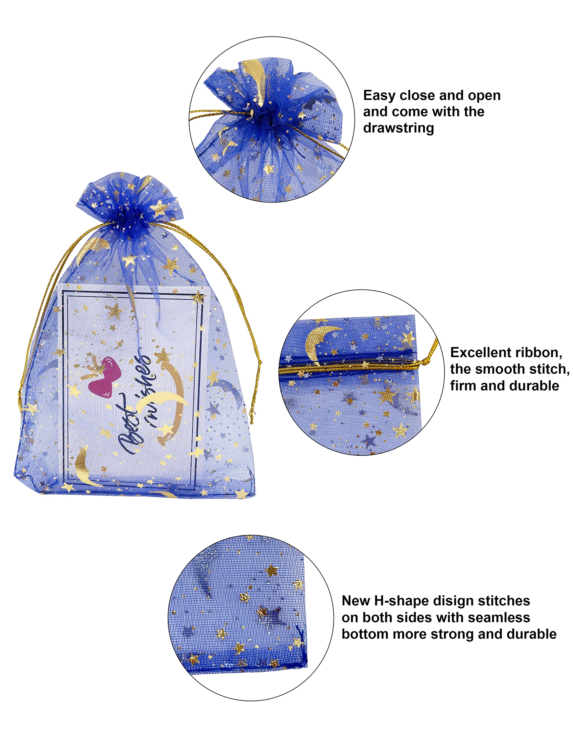 Jexila 100 szt. niebieskich torebek z organzy 10 x 15 cm, mały sznurek na biżuterię, torba na prezent, księżyc, gwiazda, na ślub, baby shower, przyjęcie, upominek, siatkowe torby na cukierki