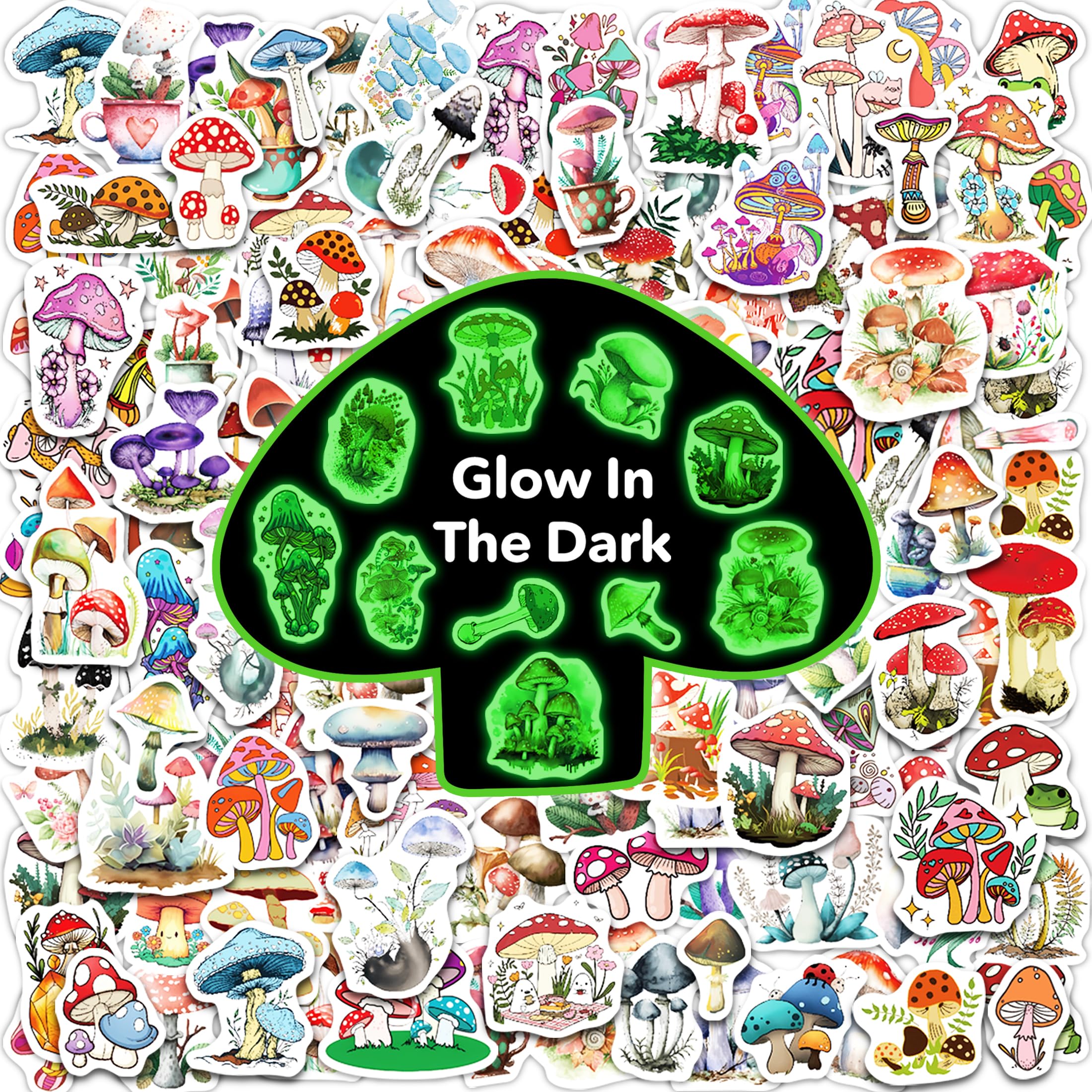 Mushroom Water Bottle Stickers for Kids Glow in The Dark, 107 PCS Vinyl Waterproof Stickers Pack for Laptop Skateboard Phone Case, Forest Aesthetics Decals for Teens
