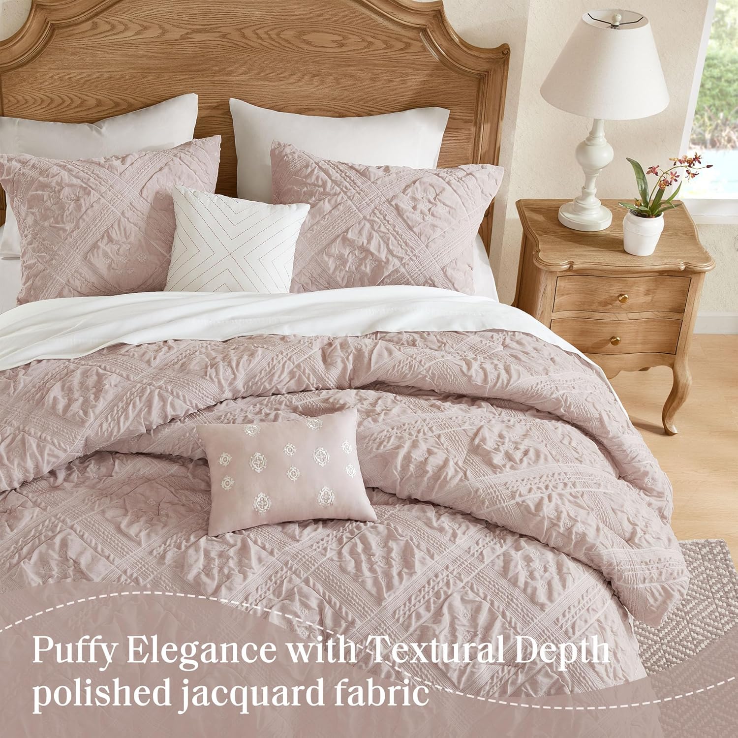 Madison Park Shabby Chic Comforter Set 5-Piece Queen Size, Puffy Seersucker Textured Grid Pattern Boho Bedding, Dusty Pink Plaid Comforter with 2 Shams & 2 Decorative Pillows