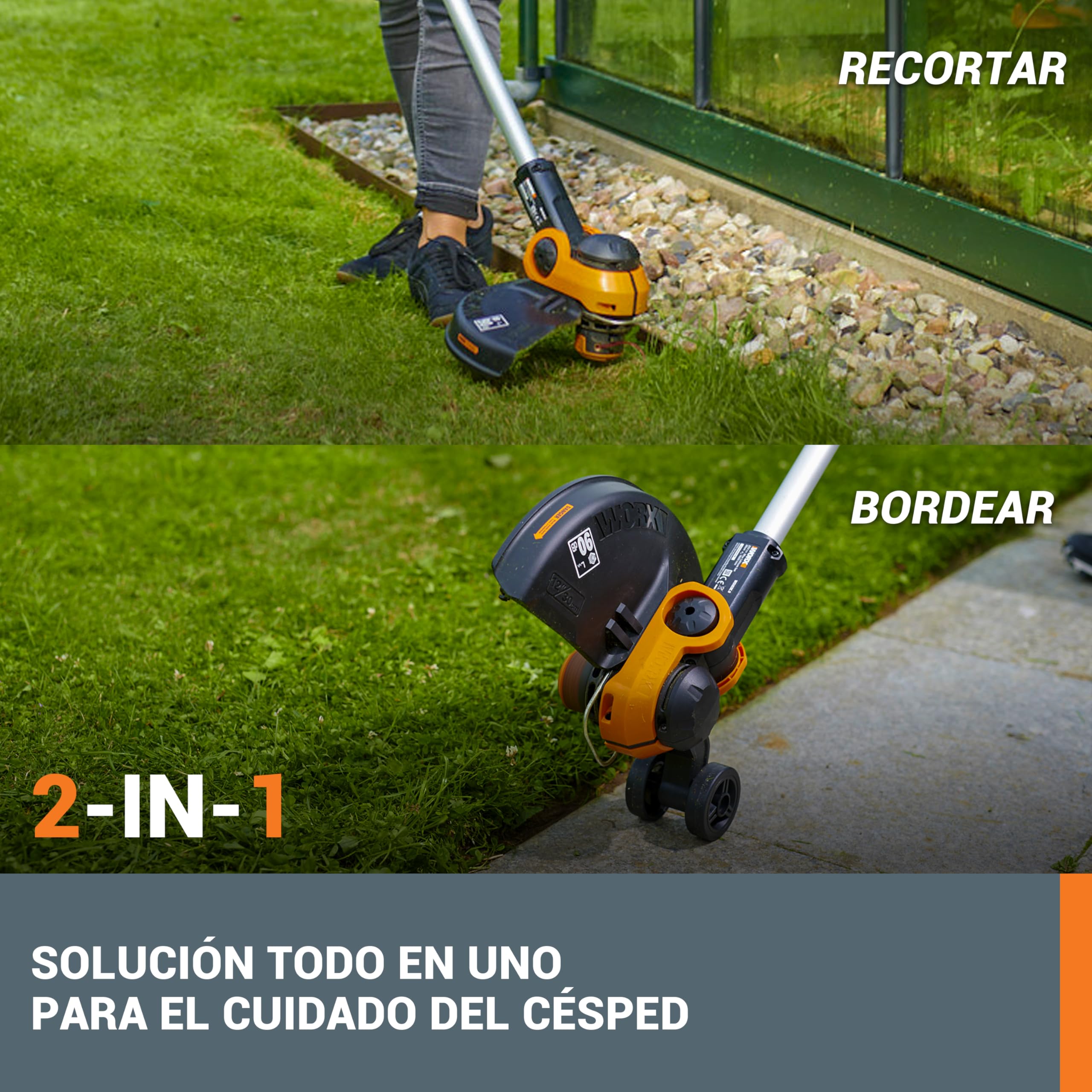 WORX WG163E Desbrozadora y Cortabordes 2 en 1 a Batería 20V 2Ah, Sistema Command Feed Automático, Cabezal Giratorio 90°, para Jardines Medianos