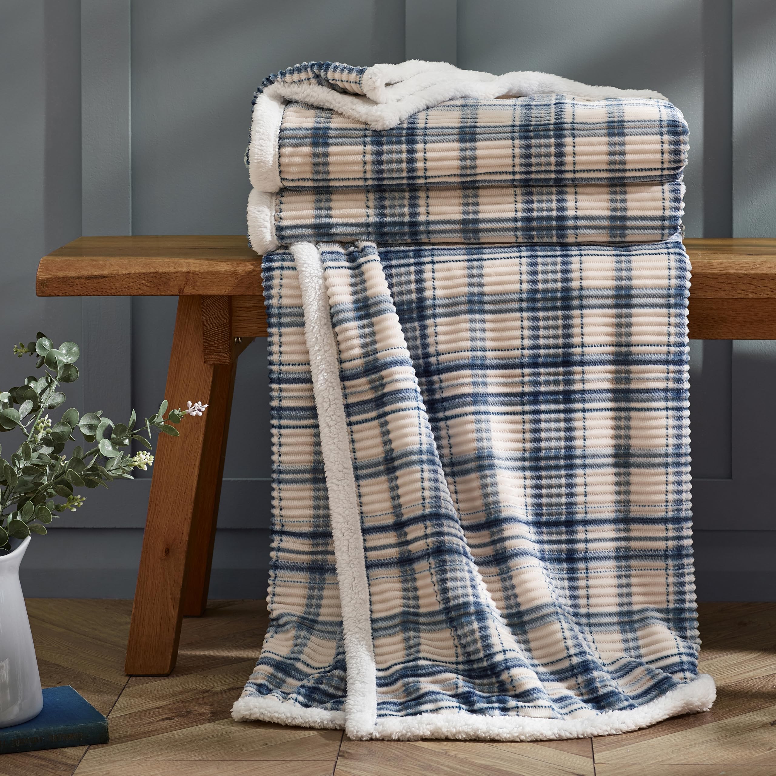 Catherine Lansfield Unisex Blue 'Cosy Ribbed Check' Blanket Throw In | Size: 130Cm X 170Cm