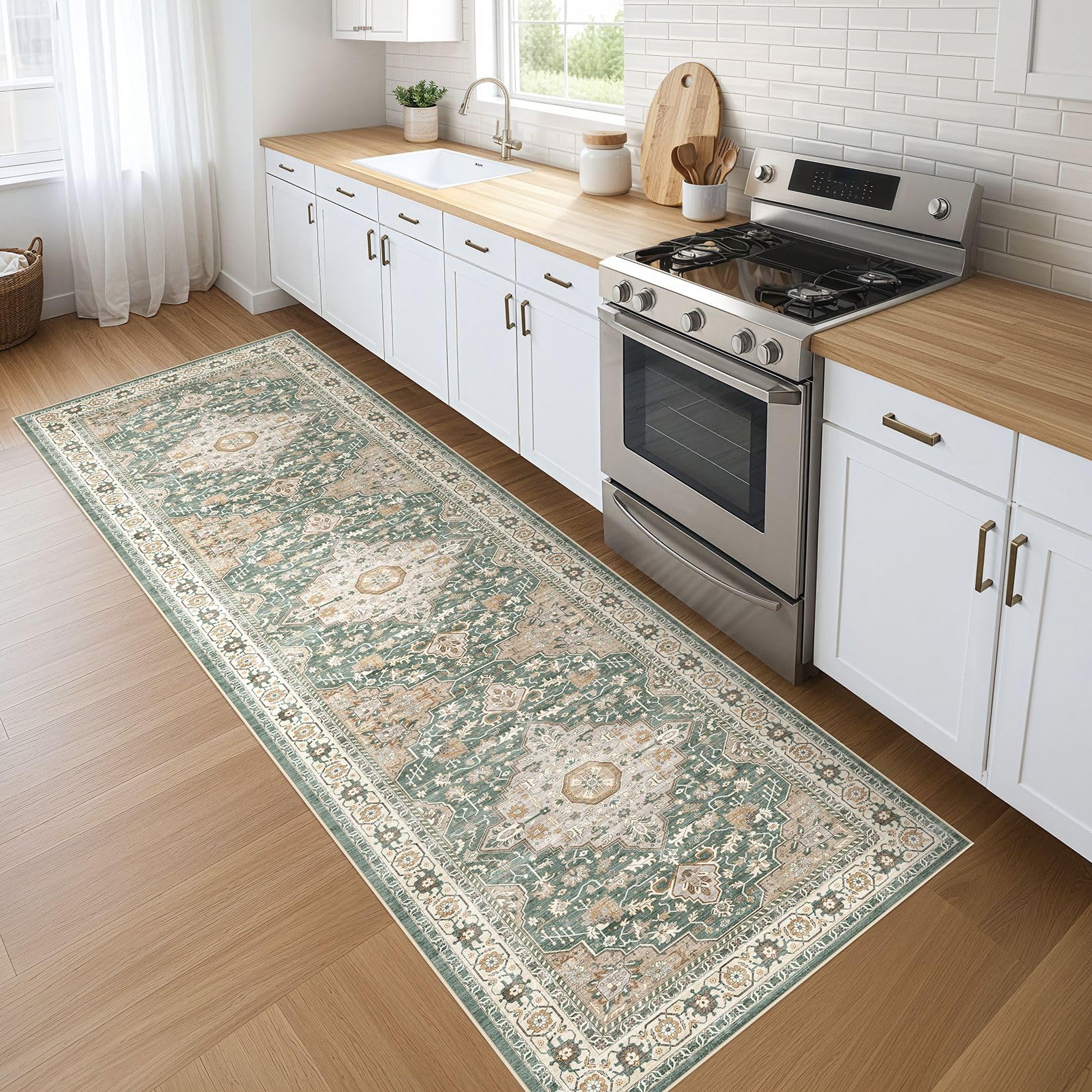 LOONGRUG Runner Rug 3x8 Washable Non-Slip Vintage Boho Soft Rug Green