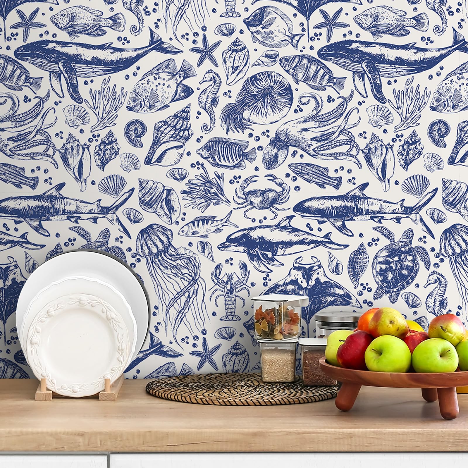 Livelynine 17.5x276 Navy Coastal Peel and Stick Wallpaper Blue