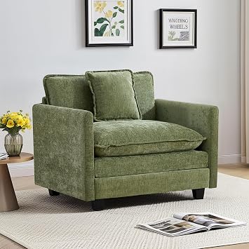 Cloud Couch Accent Chair, Oversized Comfy Modular Sofa with Deep Seat Cushions, Chenille Upholstered Lounge Chair for Living Room & Bedroom, Green