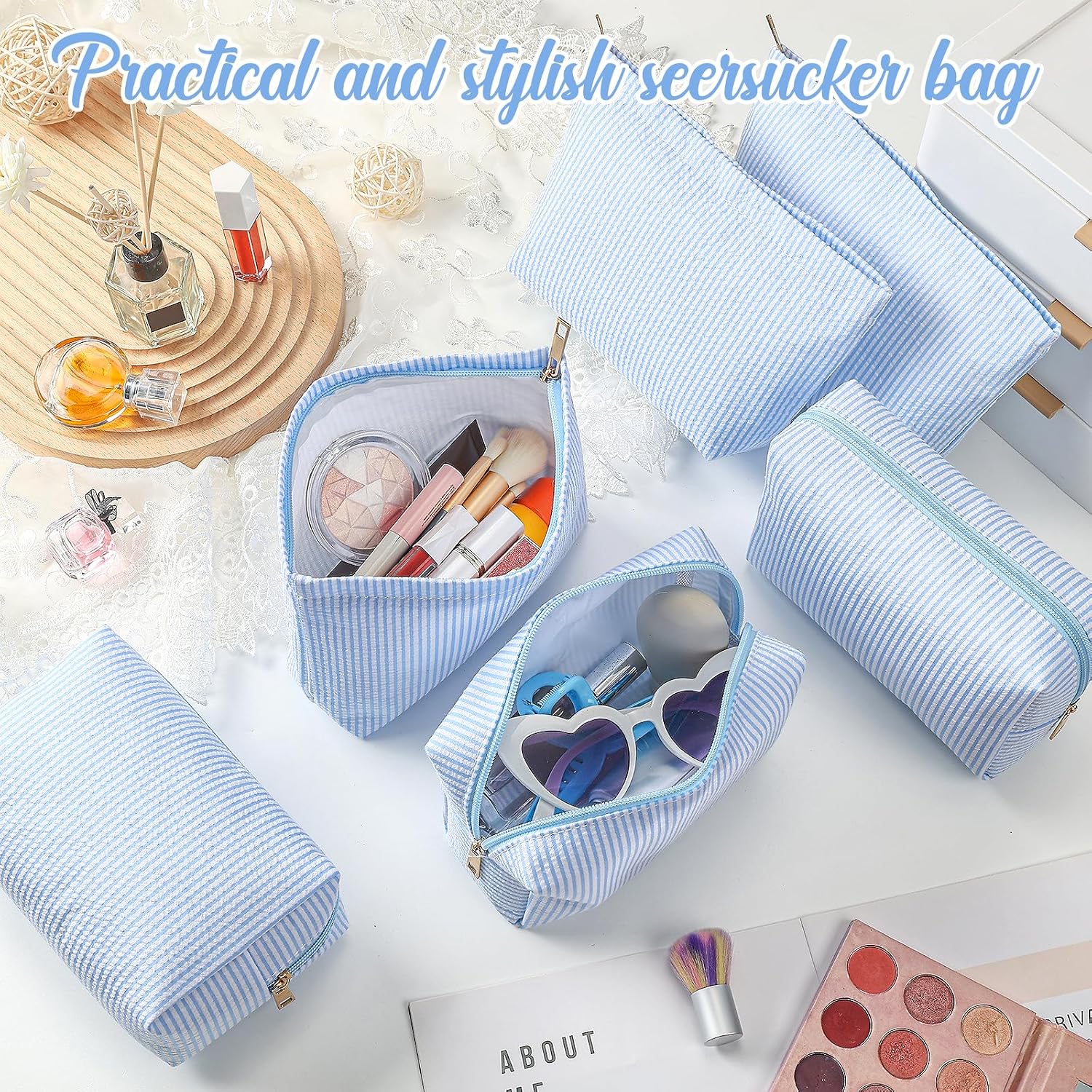 Huhumy 12 Pcs Seersucker Makeup Bags for Woman Striped, Light-blue image 4
