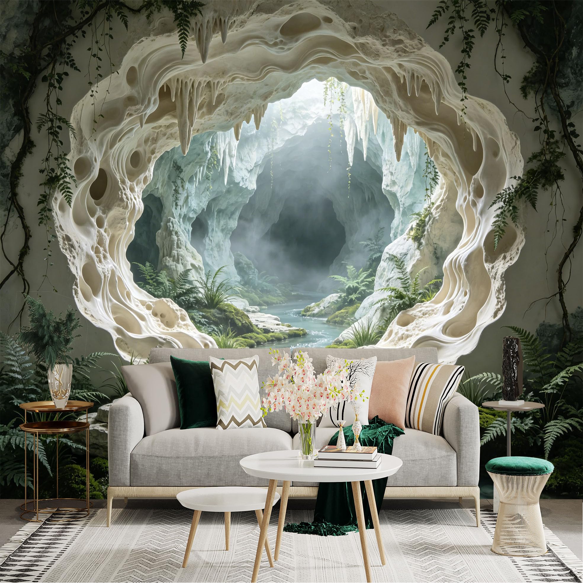 Custom Size Wall Sticker Mural， Fantasy Cave with River， Stalactites and Lush Green Plants， for wall Decoration， peelandstick wall Decals.