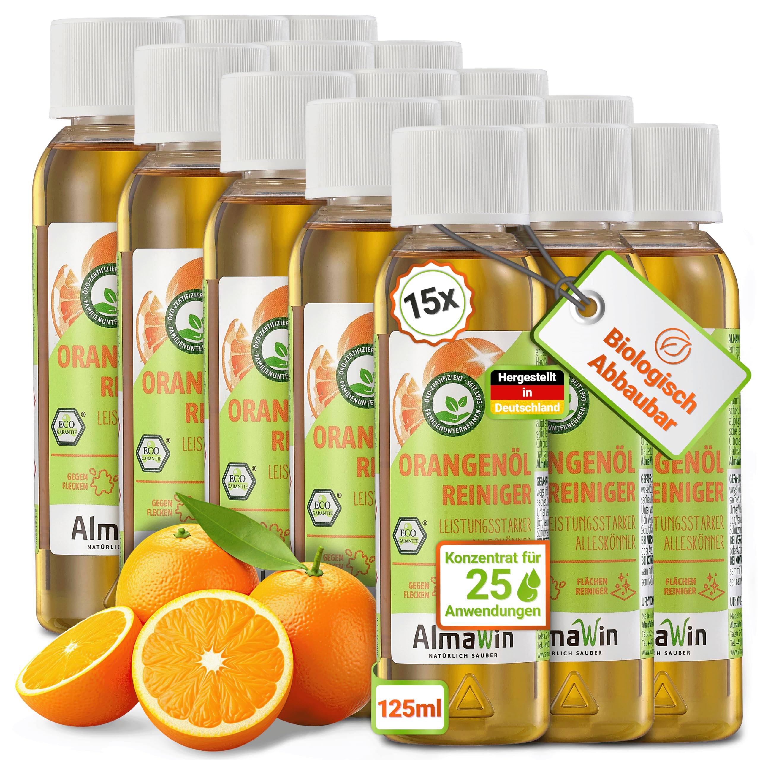 AlmaWin® Orangenölreiniger ÖKO [15x 125ml] ideal als starker Allesreiniger & Fettlöser - Veganes Orangenreiniger Konzentrat mit fruchtigem Duft - Besonders ergiebiger Orangenöl Reiniger