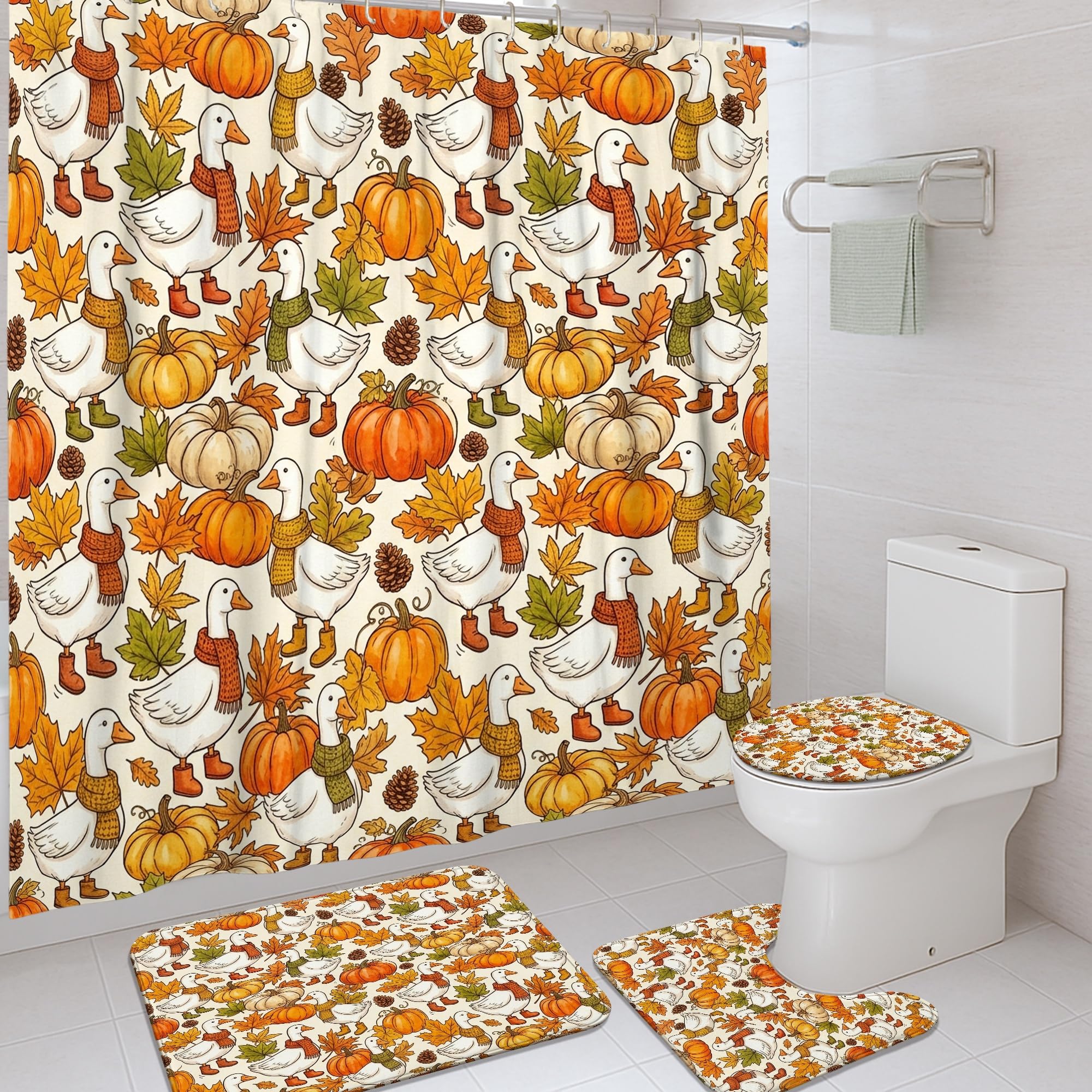 Rideau de douche citrouille d'automne 183x183 cm avec tapis de bain assorti
