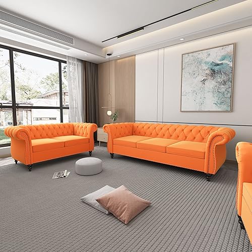 Miniatura 46 de Juego de 2 piezas para sala de estar, sofá loveseat Chesterfield de terciopelo con silla, brazos enrollados y tachuelas para sala de estar, oficina