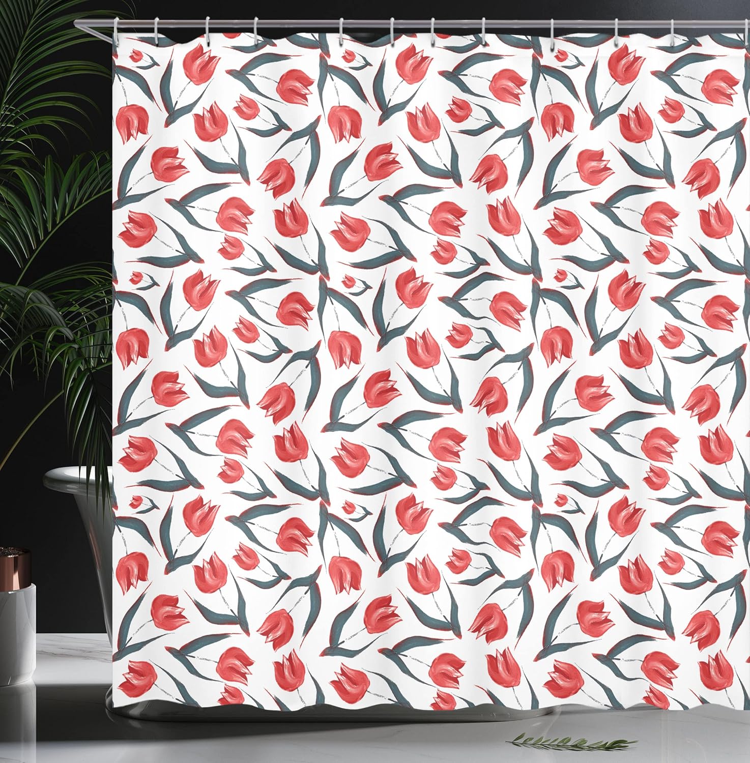 Ambesonne Tulip Shower Curtain, Original Vintage Inspired Irregular Dutch Tulips and Leaf Ornate Boho Retro Artprint, Cloth Fabric Bathroom Decor Set with Hooks, 69" W x 70" L, Red Green