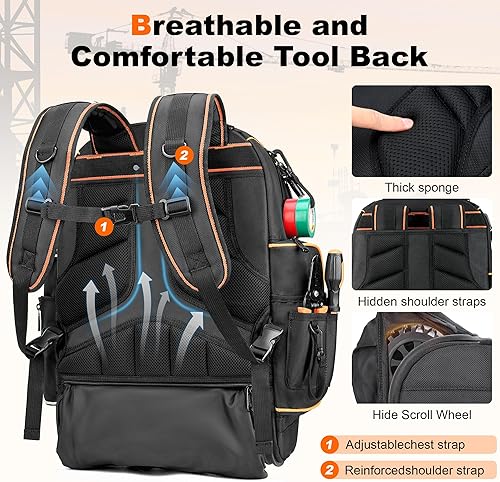 Miniatura 4 de Mochila de herramientas con rueda, mochila de herramientas rodante resistente Hvac en bolsa de herramientas para hombres, para electricista,