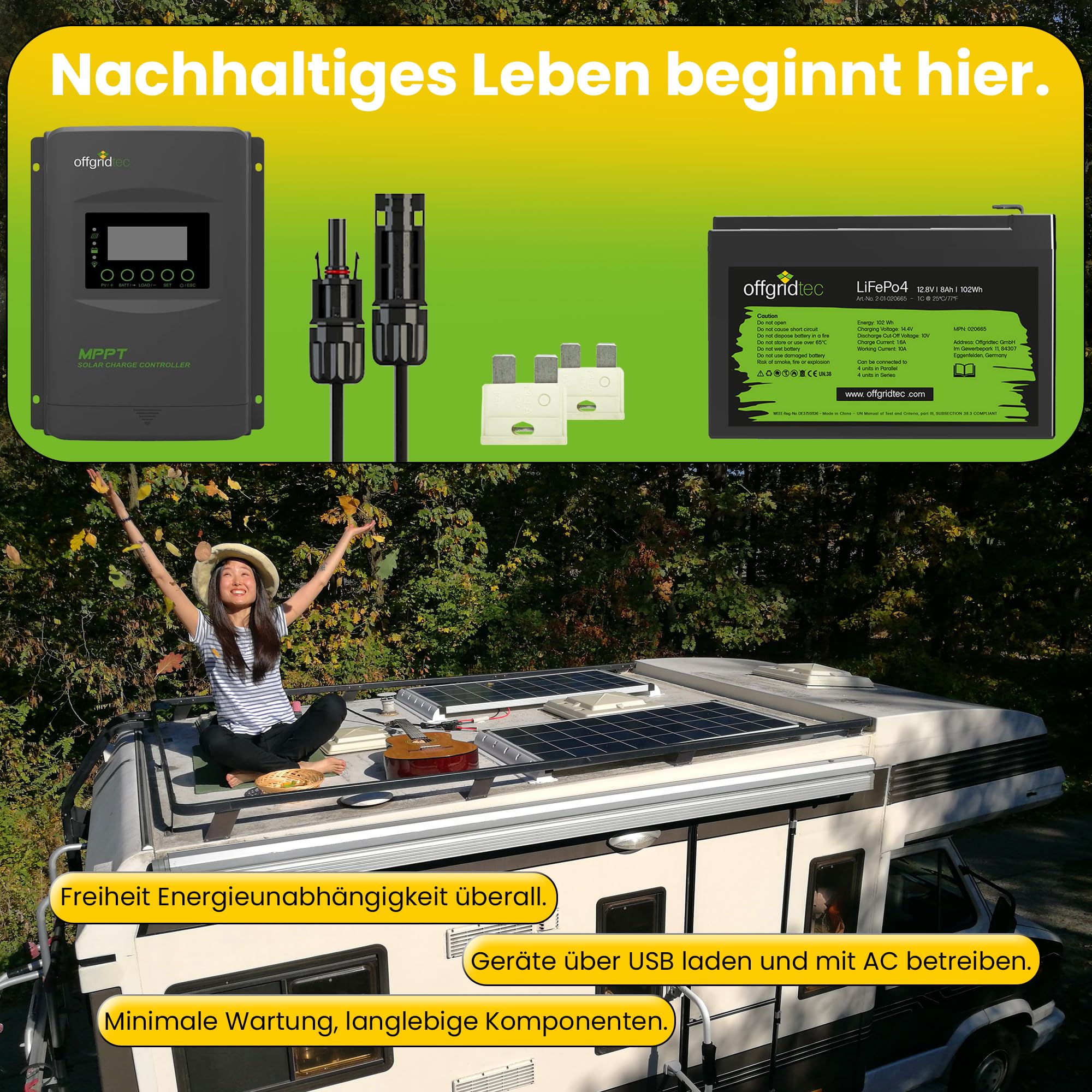Offgridtec Autark Pro M 200W Solaranlage, 1500W AC Leistung, 100Ah LiFePO4 Akku, MPPT Laderegler mit Display, Plug & Play, Sinus-Spannungswandler, USB-Ausgänge, Für Wohnmobil und autarke Haushalte