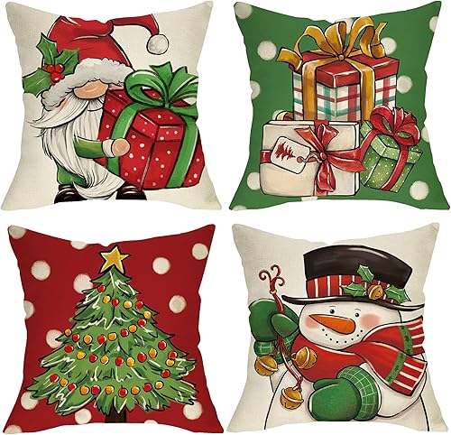 Juego de 4 fundas de almohada decorativas de gnomo de árbol de Navidad, muñeco de nieve de 16 x 16 pulgadas, regalos de Navidad, regalos de Navidad,