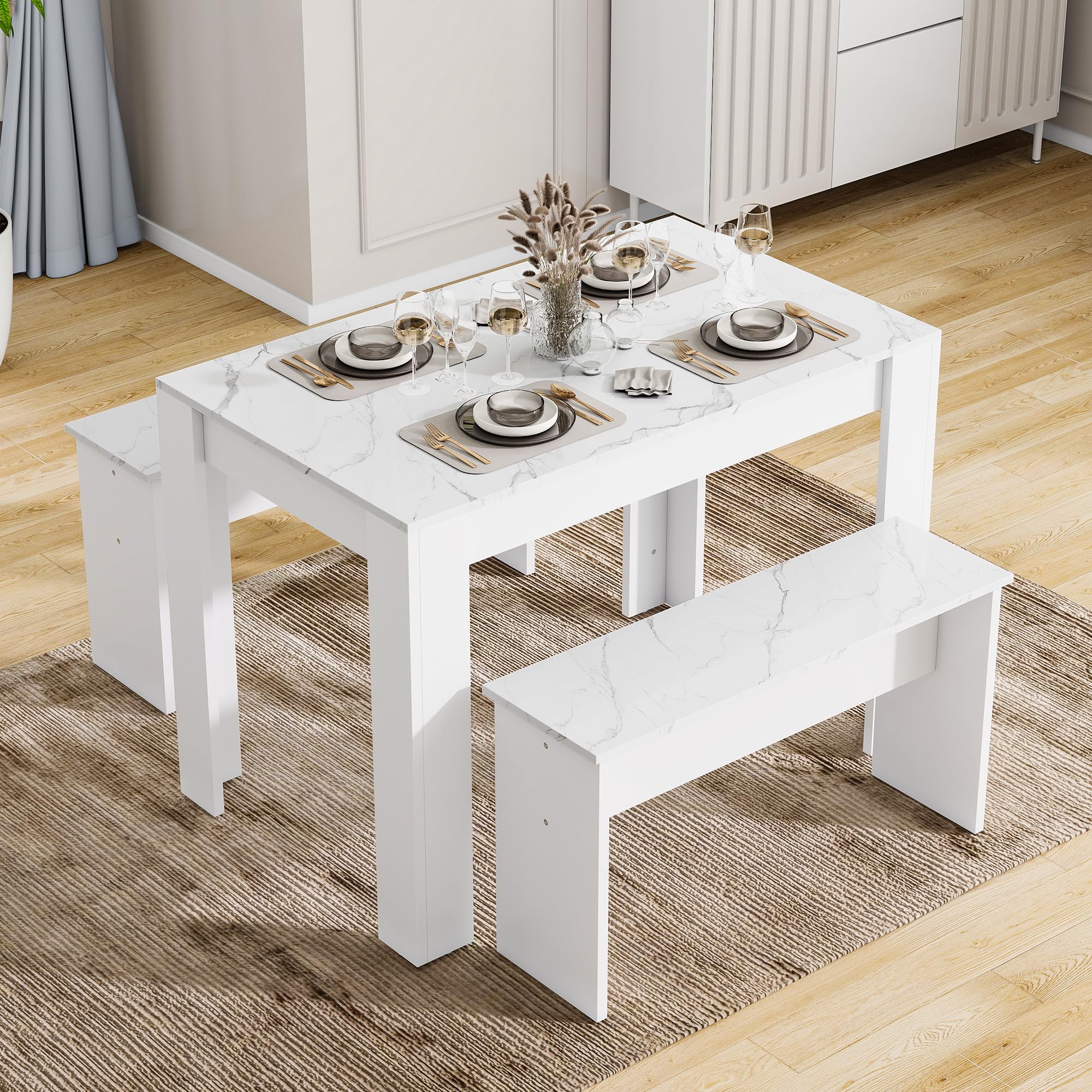 Merax Dining Table Set with 2 Benches, 4 Seater Kitchen Table and Bench Set, Marble Effect Dining Table for Small Spaces, MDF Dining Furniture, White, 108 x 65 cm
