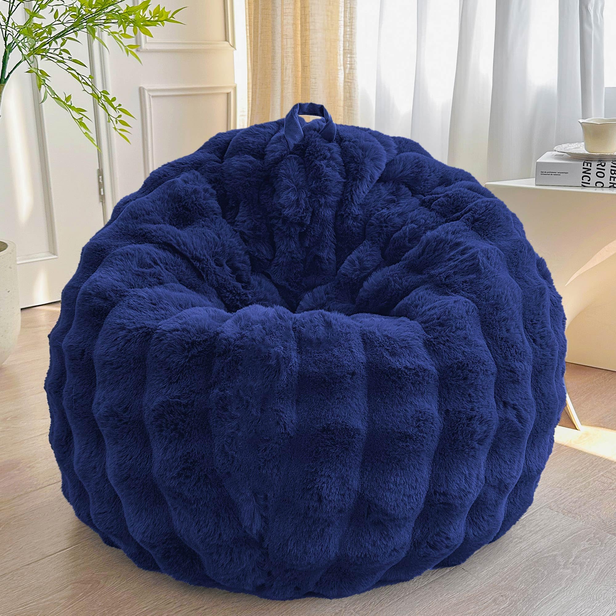 LIFEREVO Luxury Faux Rabbit Fur Bean Bag Cover (No Filler), Soft Fuzzy Stuffed Animal Storage Bubble Large Bean Bag Chair Home Decoration, Comfy Shaggy Furry Beanbag Cover Kids Adults, Navy Blue