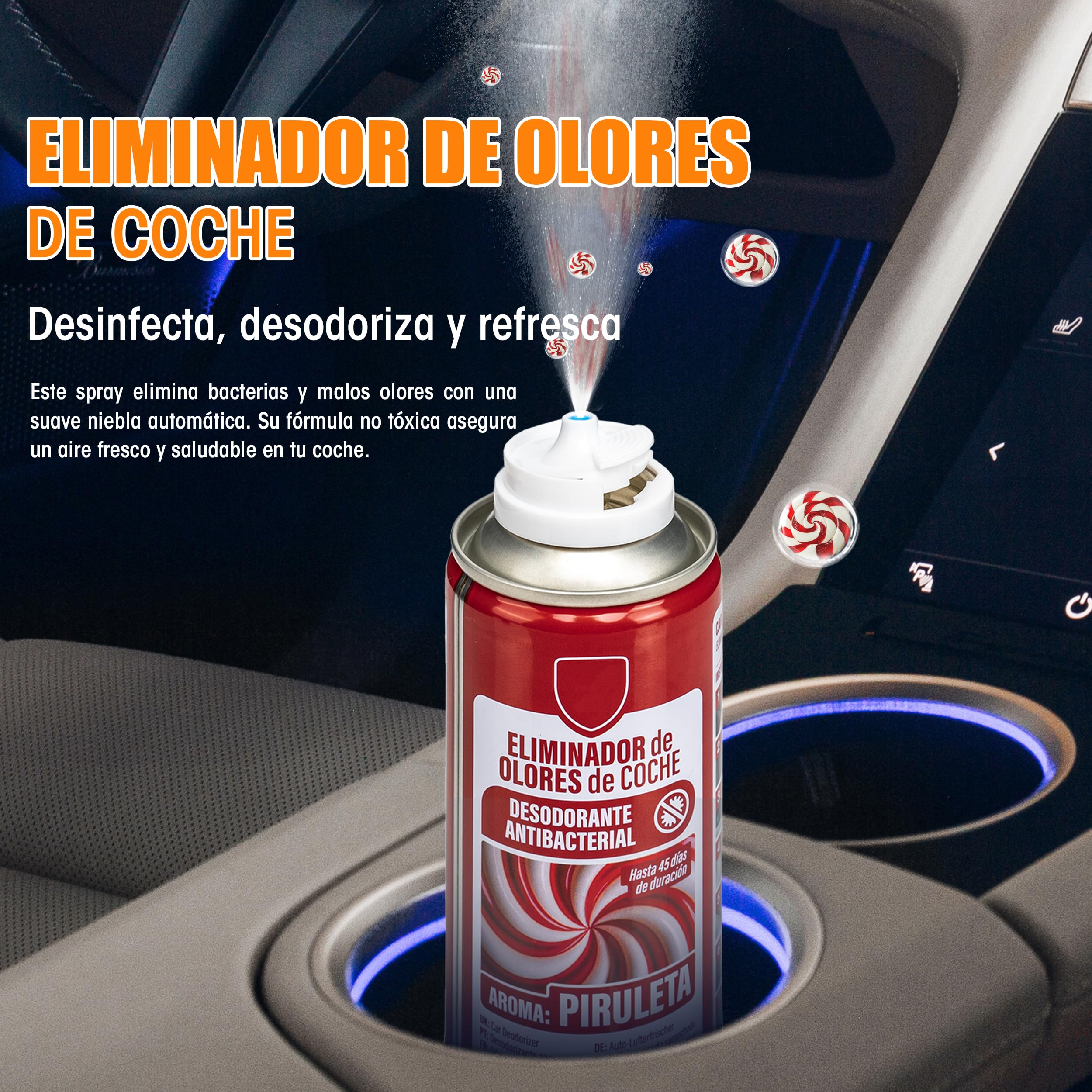 BESCH Eliminador de Olores para Coche de Descarga Única 150ml- Ambientadores de Automóvil Absorbe los Malos Olores -Olor de Piruleta