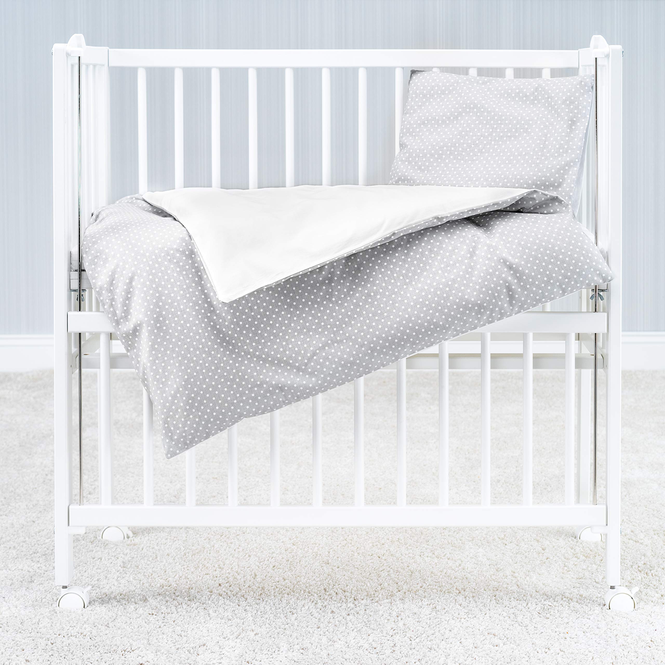 Fillikid Juego de Funda Nórdica 80x80 cm y Almohada 35x40 cm para Minicunas y Moisés - Set de Nórdico para Recién Nacidos 100% Algodón - Ropa de Cama para Bebés - Topos Gris/Blanco