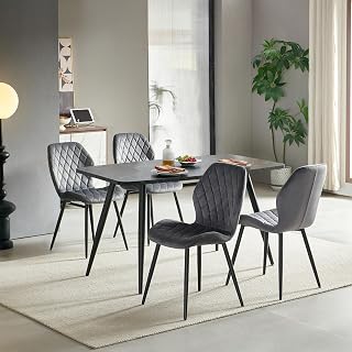 Rectangular Dining Table and 4 Chairs Set, 5pcs Dining Room Sets for Restaurant Kitchen Office, 2-4 Seaters Table and Fabric Kitchen Chairs Sets of 4 (4PCS Grey+ Black Marble Table)