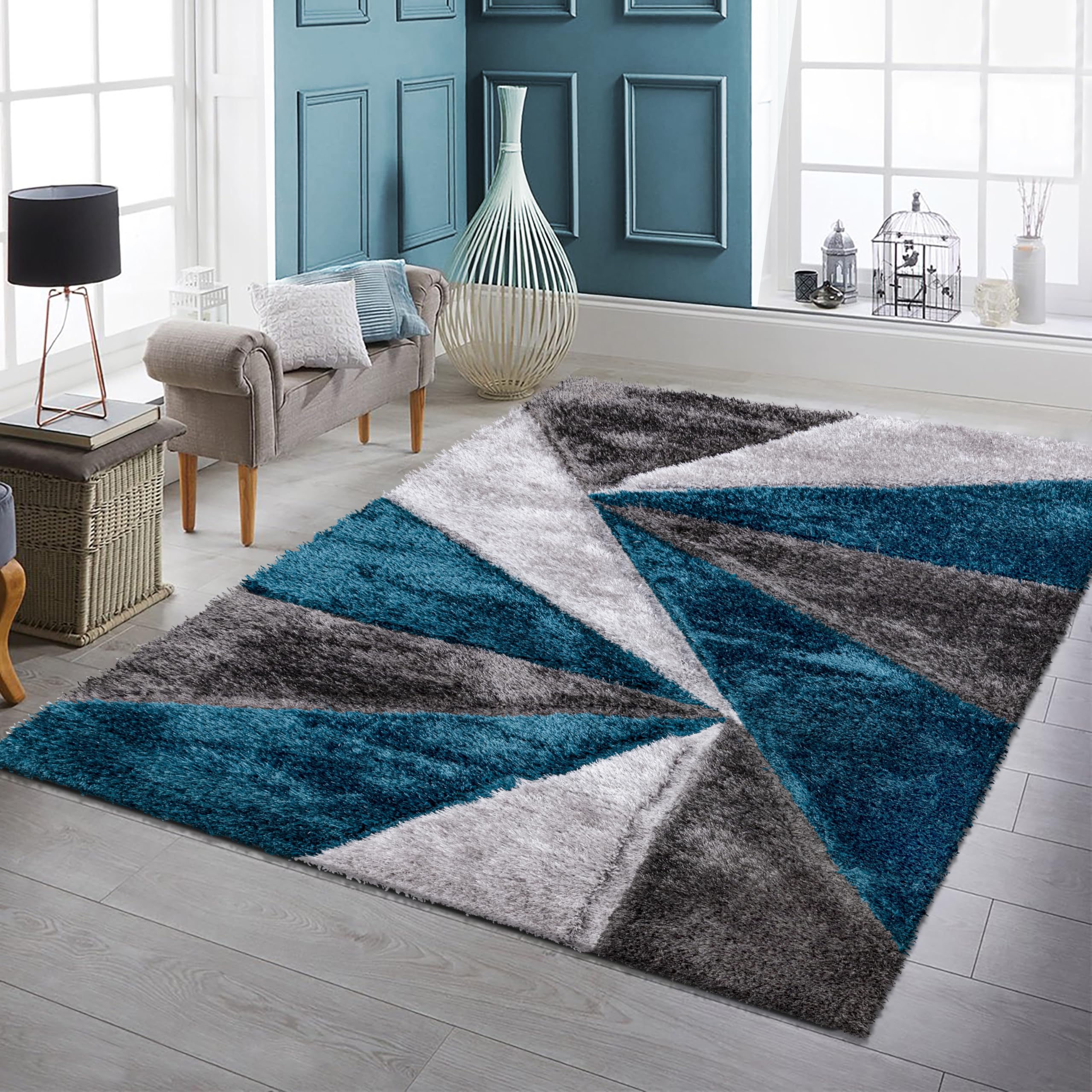 3D Illusion Shaggy Carpet Modern Geometric Area Rug for Living Room, Bedroom Soft Thick Pile Non-Shedding, Machine Made Polypropylene (Emerald, 160 cm × 230 cm = 5.25 ft × 7.55 ft)