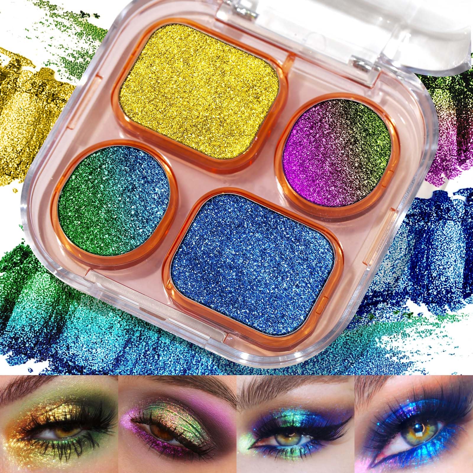Multichrome Chameleon Eyeshadow Makeup Palette, 4 Colors Holographic Metallic Glitter Eye Shadow Pallet, High Pigmented Creamy Duo Chrome Multidimensional Eye Make Up Kit