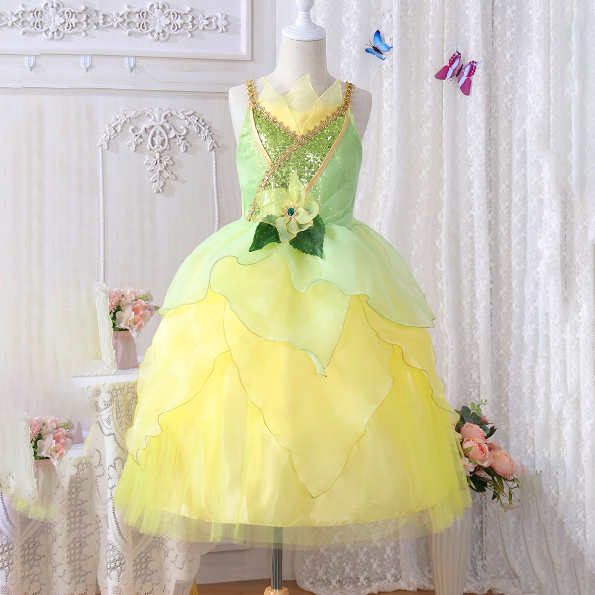 open lace back dress Amazon.com: Axaxa Princess Tiana Costume for Girls