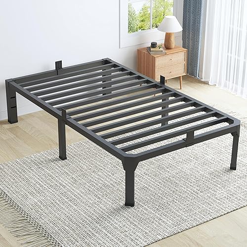 Base de cama de metal individual XL de 14 pulgadas con tapón deslizante de colchón, plataforma de listones de acero antichirridos de color negro,