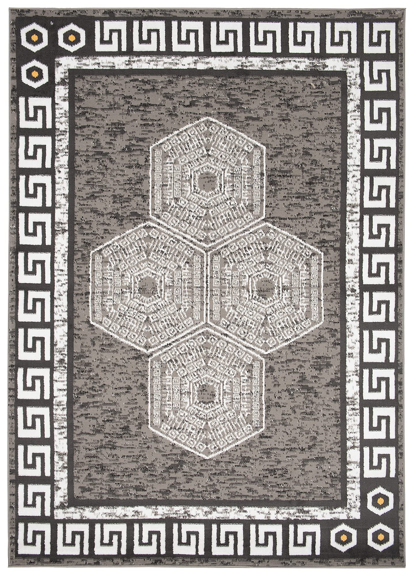TAPISO Atena Tapis de Salon Chambre Ado Design Moderne Graphite Blanc Jaune Motif Grec Bordé Fin Poil Court 140 x 200 cm