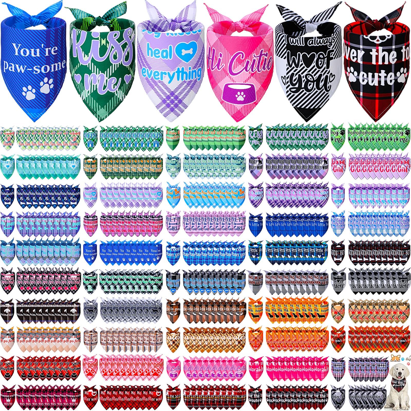 Buryeah 500 Pcs Plaid Dog Bandanas Bulk for Groomers Pet Scarf Puppy Bibs with Cute Sayings Adjustable Washable Pet Spring Summer Accessories for