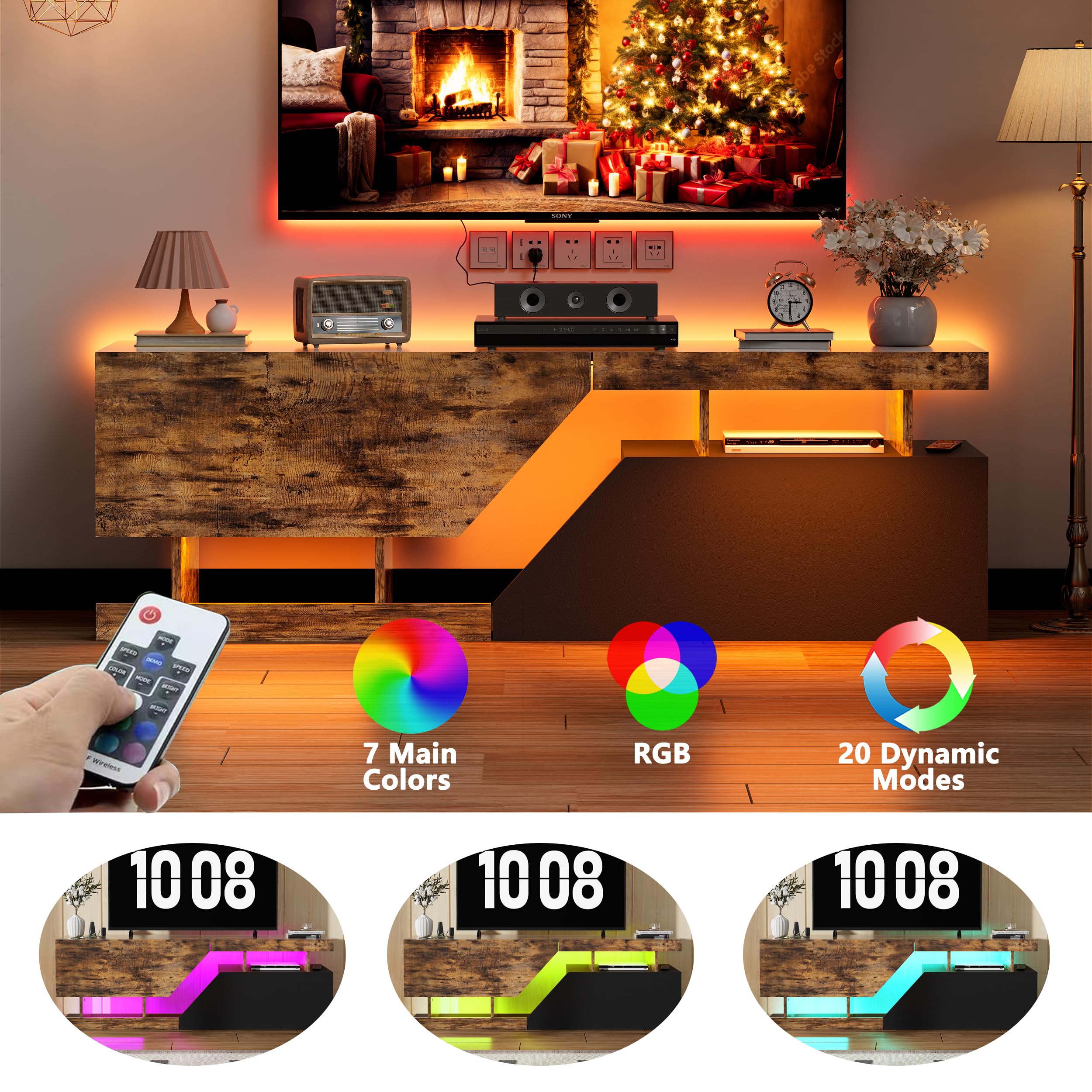 Meuble TV pour Télévision jusqu'à 65 Pouces Banc TV LED Armoire de Télévision avec ouverture sans poignée 2 volets/portes Meuble Télé de Salon Lowboard pour Téléviseur Salon, Salle à Manger, Chambre
