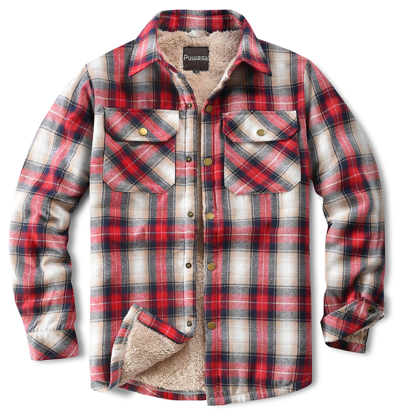 Men's Sherpa Cotton Flannel Shirt Jacket Plaid Button Coat Pocket