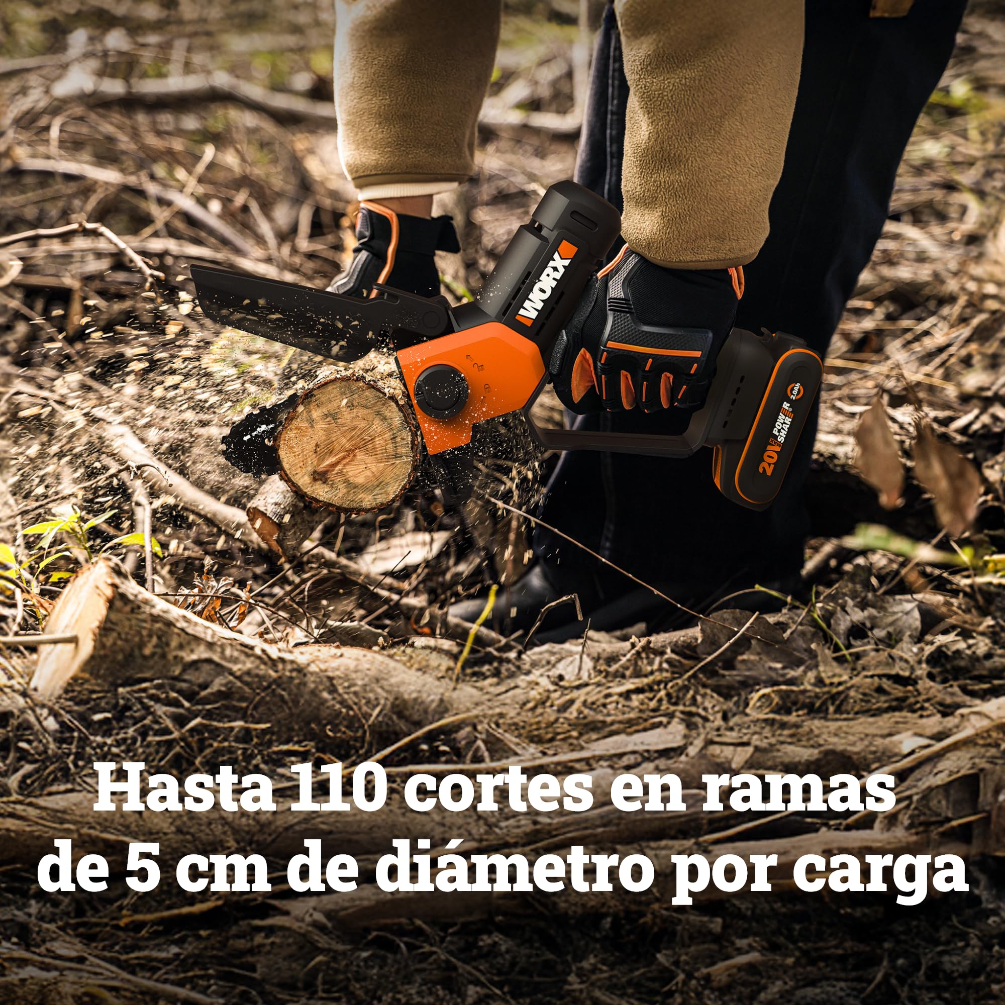 WORX WG326E Mini Motosierra 12cm 20V 2Ah PowerShare, una Mano | Cambio de cadena sin herramientas, doble protección de seguridad, cargador 1h incluido, compatible 20V/40V
