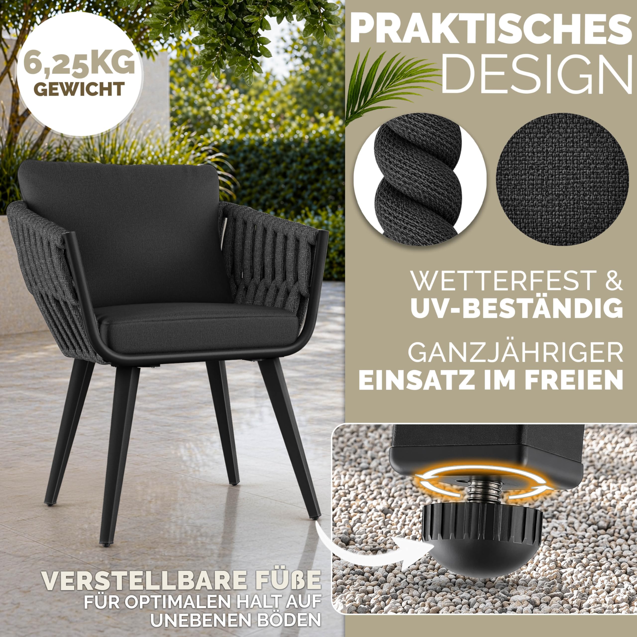 tillvex® Gartenstuhl 6er Set Wetterfest mit Armlehne | Outdoor Stühle bis 160kg belastbar | Gartenstühle UV-beständig | Terrassenstuhl Sessel Gartenmöbel Terrasse Balkon Garten
