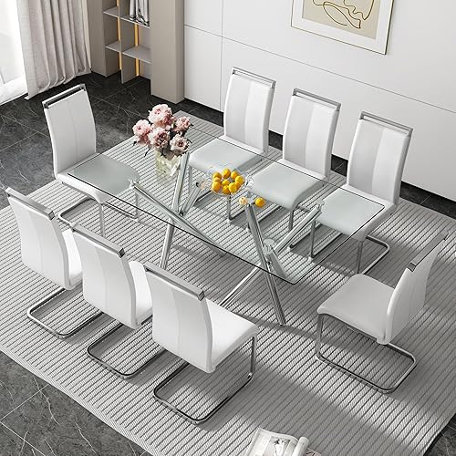Miniatura 36 de Juego de 6 mesas de comedor de cristal, moderno juego de mesa de comedor de 71 pulgadas con 6 sillas de comedor tapizadas de piel sintética para