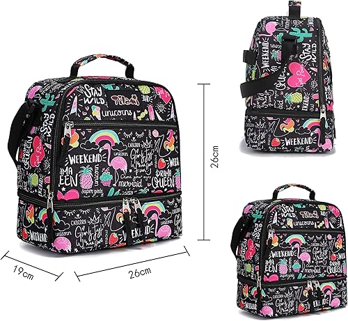 Miniatura 18 de Tilami - Bolsas de almuerzo con correa ajustable y cremallera aisladas, bolsas refrigerantes resistentes al agua, bolsas bento para niños y niñas