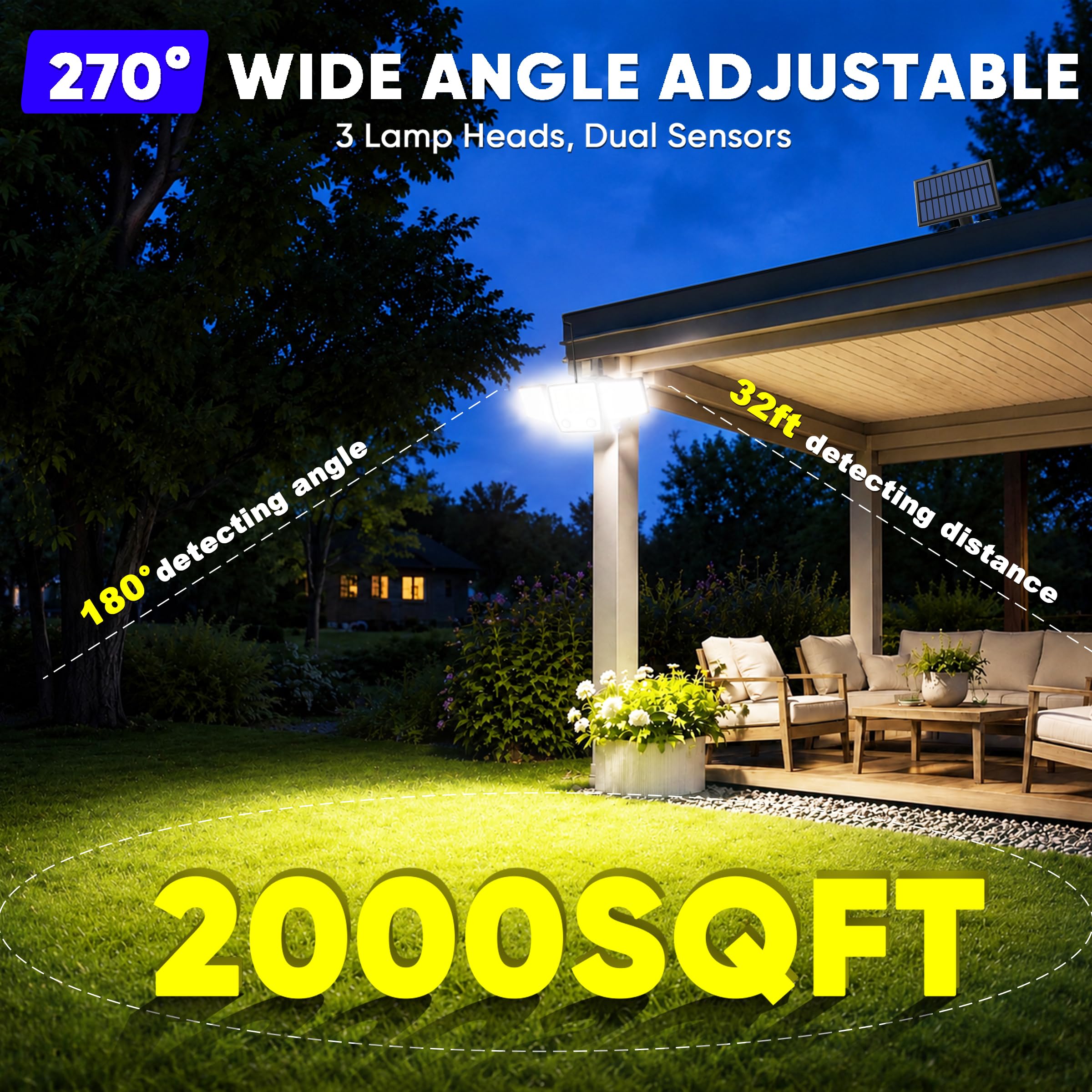 Luci solari per esterni da giardino con cavo da 5 m, luci di sicurezza solari da 3000 lm, sensore di movimento per esterni, con telecomando, impermeabile IP65, luci di inondazione solari per