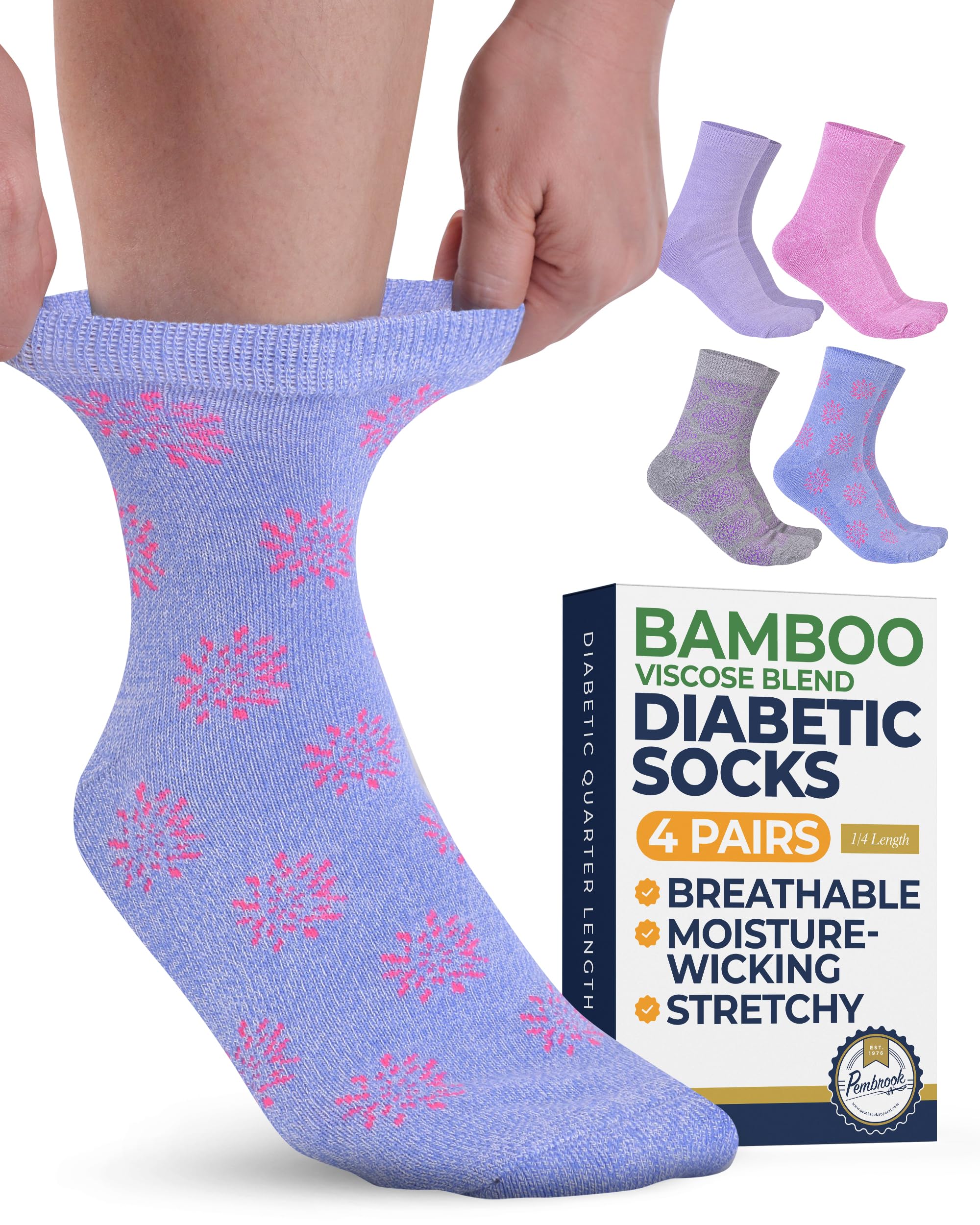Ankle Diabetic Socks for Women & Men - 4 Pairs Sun Pack (Pink, Gray, Purple, Blue), Moisture-Wicking, Wide Top, Quarter Non Binding Socks