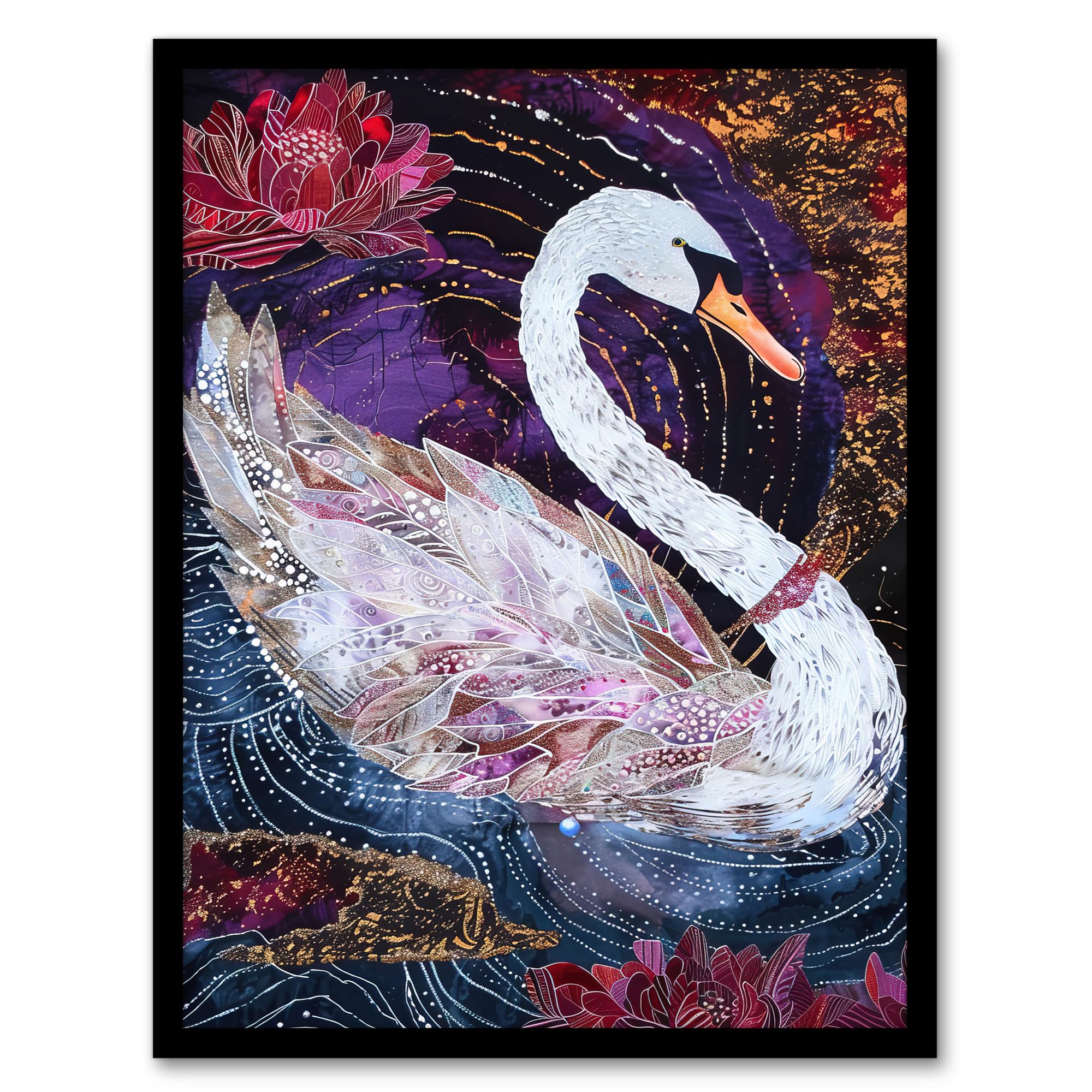 Artery8 Magical Swan Artwork Enchanted Purple Pink Living Room Artwork Framed Wall Art Print 18X24 Inch
