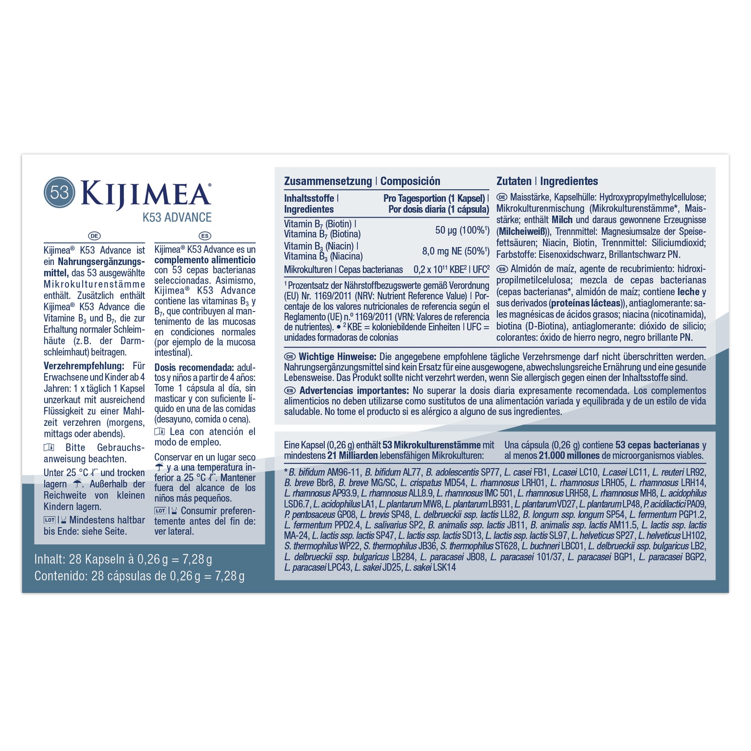 Kijimea K53 Advance - Cápsulas de bacterias intestinales de alta dosis, 53 cepas de microcultivos seleccionadas de la flora intestinal, con biotina, >500 mil millones de UFC por paquete - 28 cápsulas