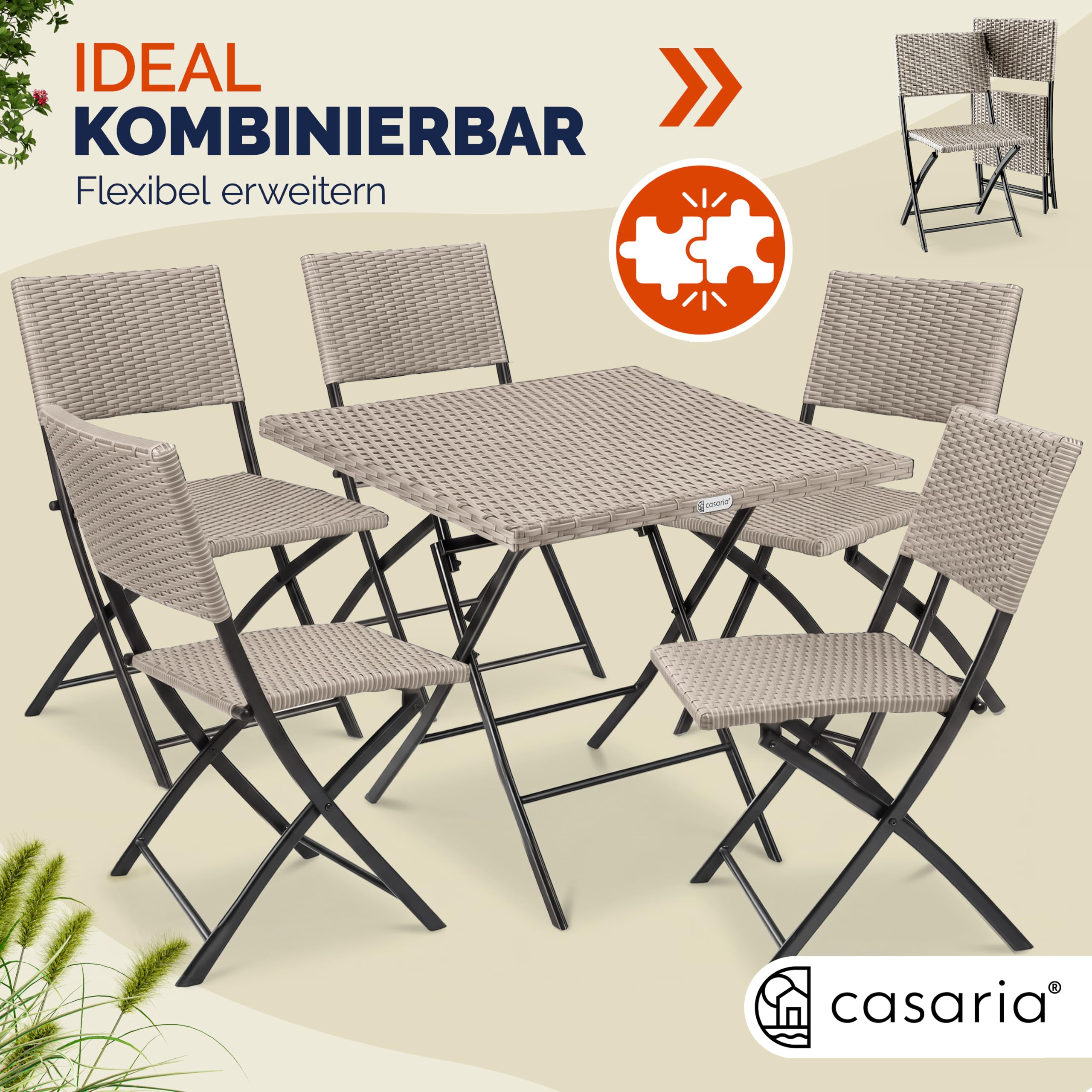 Casaria® Polyrattan Klappstuhl 2er Set Creme leicht faltbar bis 120kg belastbar tragbar wetterfest Stuhl Sessel Balkon Terrasse Garten Camping Stuhl Sessel