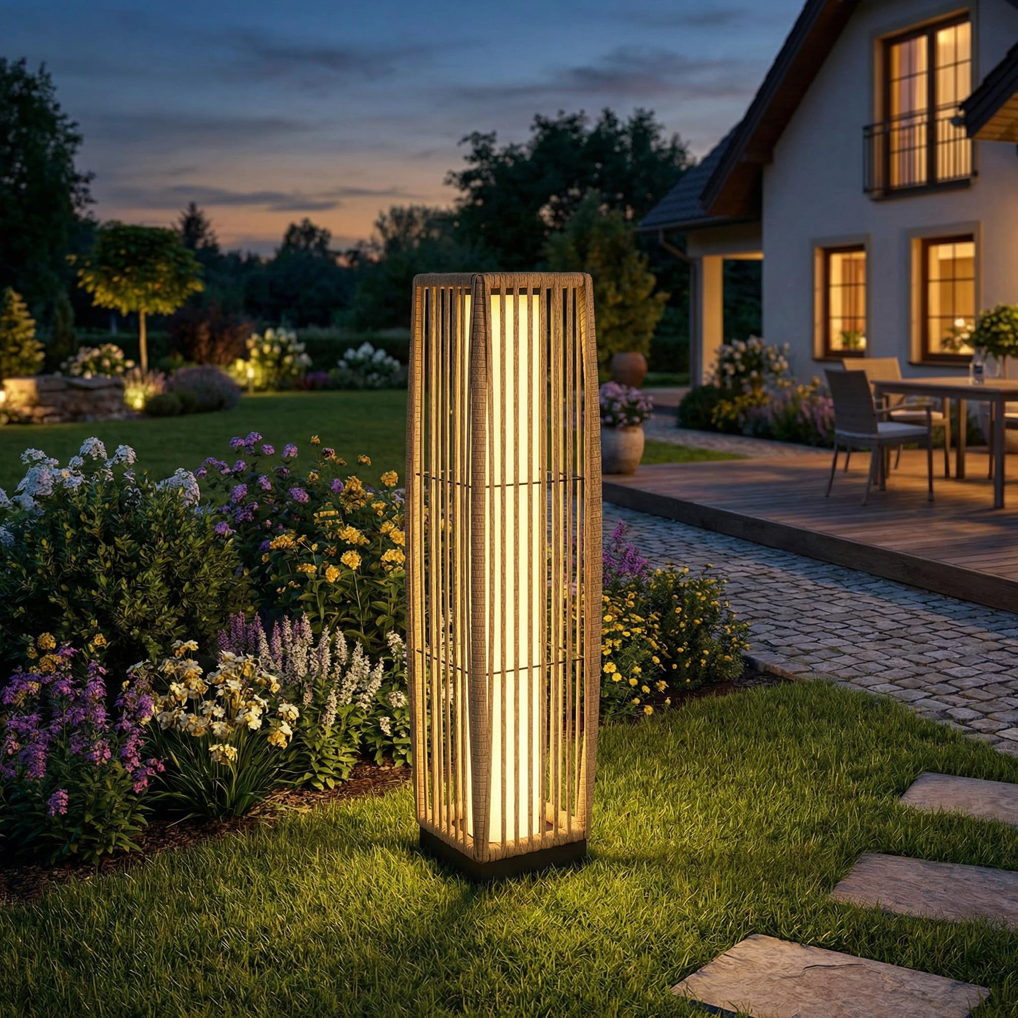 Outsunny Lanterne Solaire Extérieure en Résine Tressée, Lampadaire LED Rechargeable avec Capteur de Lumière pour Jardin