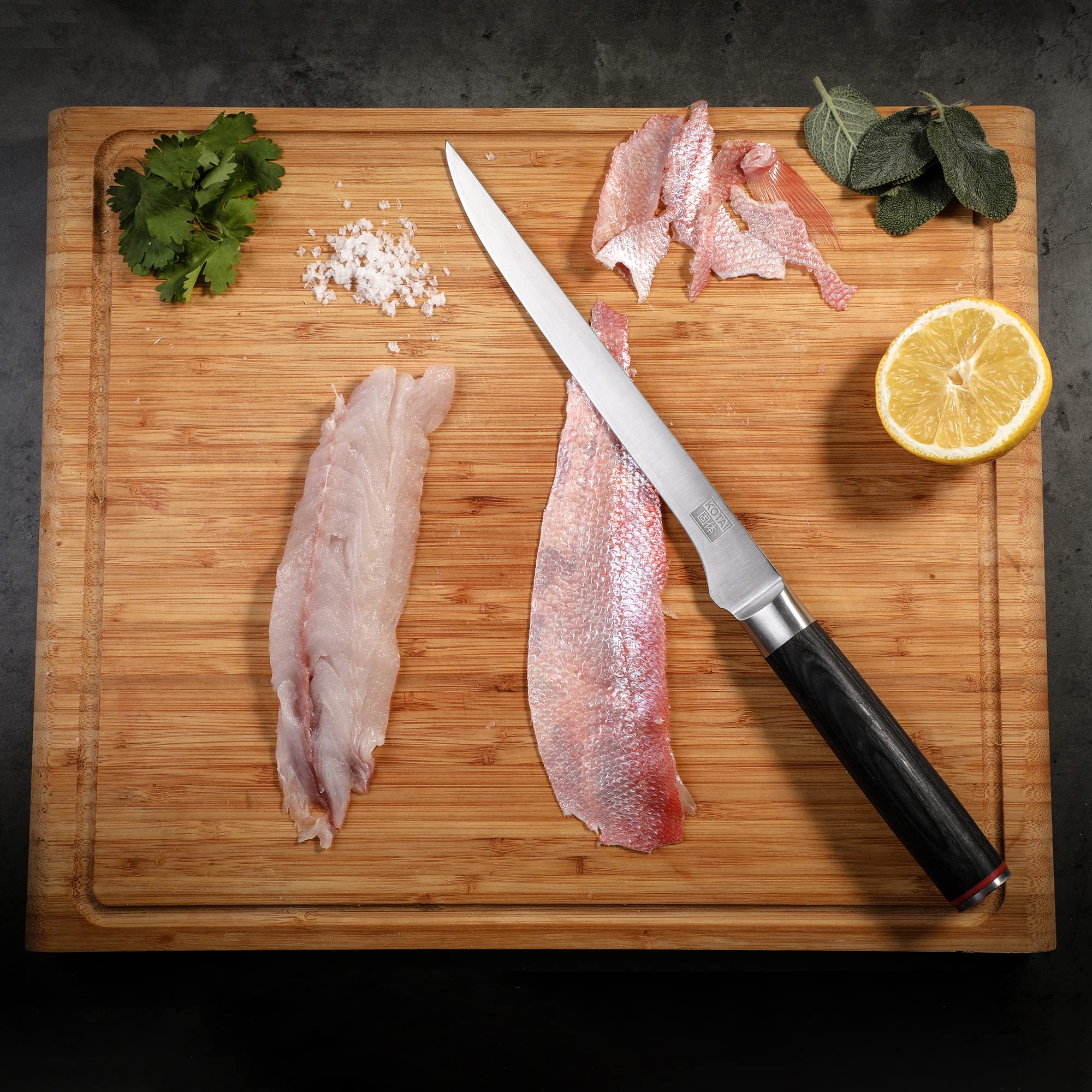 KOTAI | Couteau à Poisson | Filet de Sole | Lame Flexible de 20 cm | Idéale pour Fileter le Poisson | Aiguisé à la Main | Acier Inoxydable Japonais 440C Ultra-Tranchant | Manche en Pakkawood
