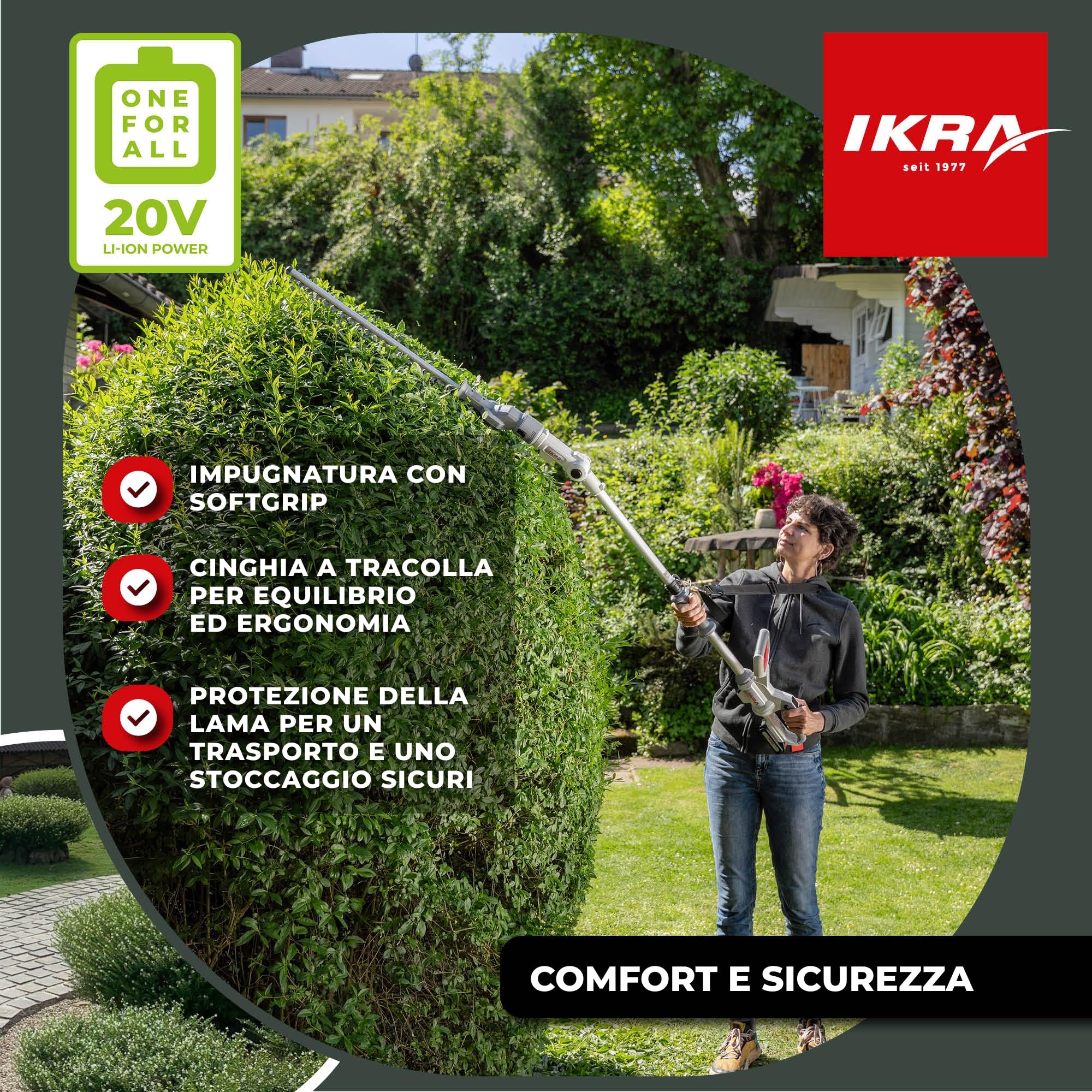 IKRA tagliasiepi ICPH 2050 2in1 con asta telescopica, incl. 2 batterie 20V 2,0Ah, stazione di ricarica rapida e tracolla