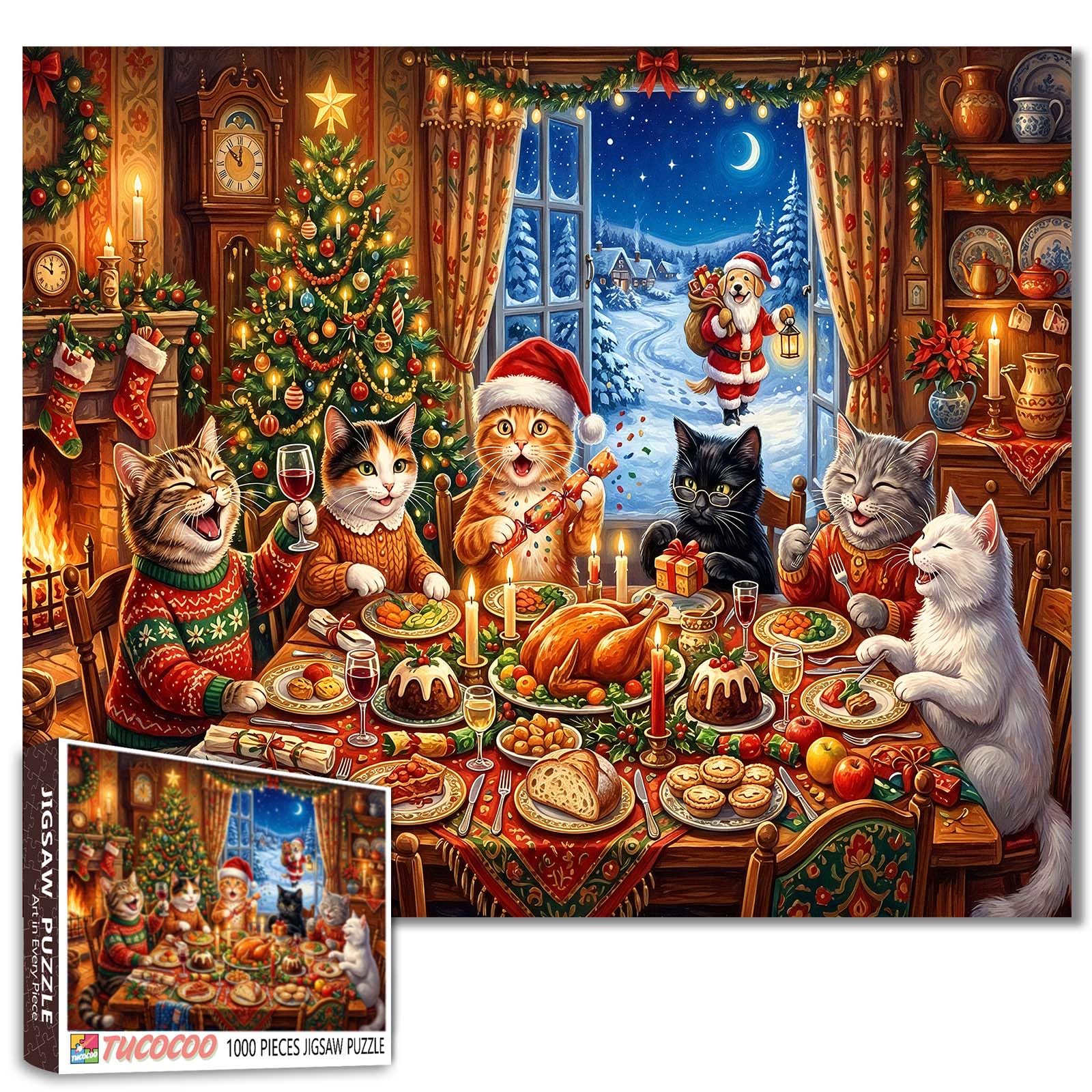 Christmas Cat Puzzle 1000 Pieces for Adults, Funny Kitten Holiday Dinner Jigsaw Puzzle Snowy Night Landscape Puzzles, Cozy Animals Winter Artwork, Festive Home Decor 19.7 x 27.6 Inches