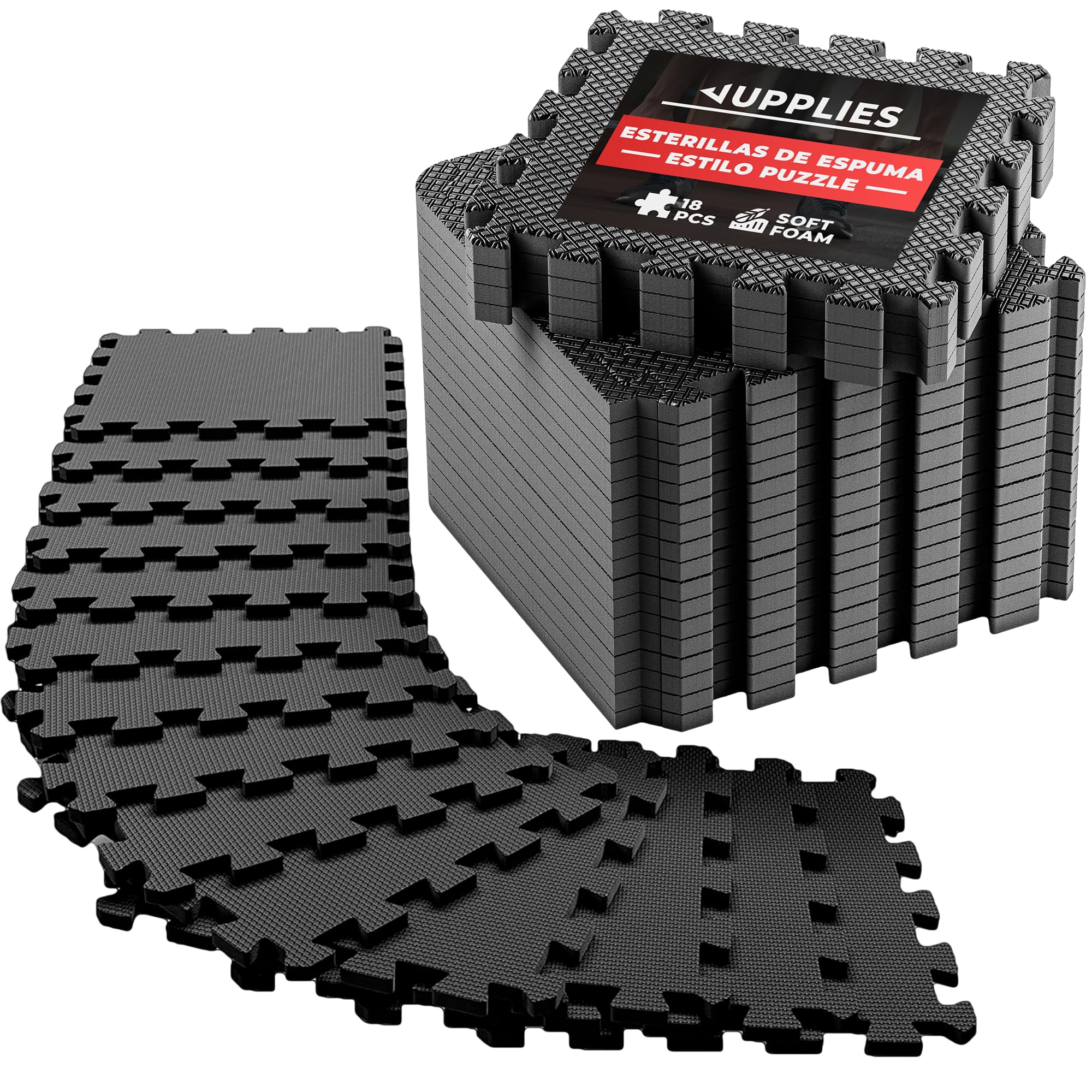 JUPPLIES - Suelo Gimnasio Set 18 Piezas 32x32x1cm - Esterilla Puzzle Fitness de Goma para Suelo - Alfombra Protectora para Gimnasio en Casa - Tatami en Puzzle