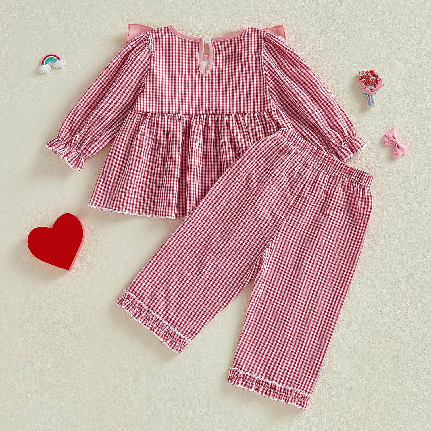 Toddler Girl Valentines Day Outfit Embroidery Ruffle Long Sleeve Tunic Dress Top Plaid Wide Leg Pants 2 Piece Clothes - Image 5