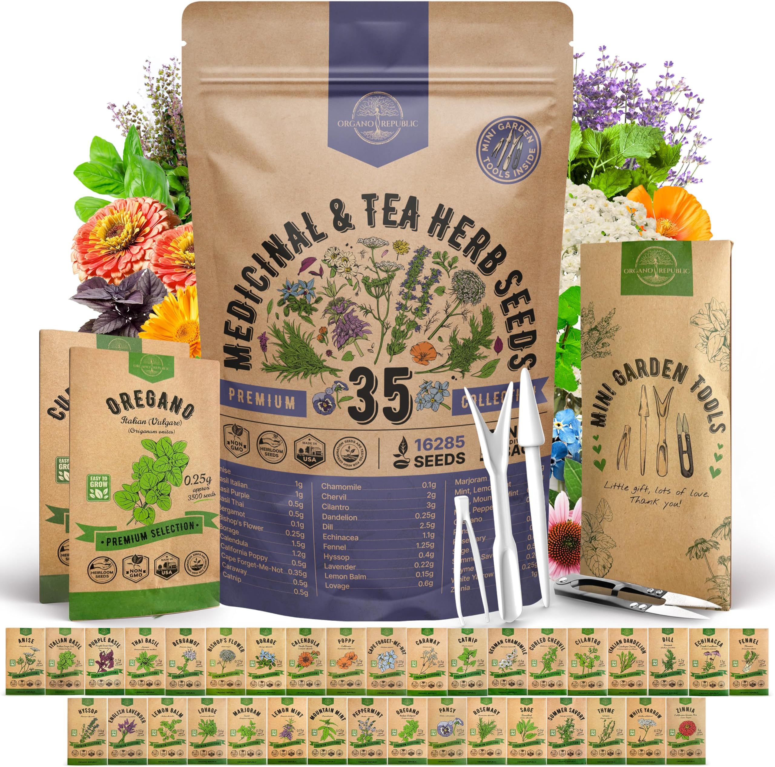 - 35 Medicinal & Tea Herb Seeds Variety Pack for Indoor & Outdoors. 16,335+ Non-GMO Heirloom Garden Seeds: Anise, Bergamot, Borage, Cilantro, Chamomile, Dandelion, Rosemary Seeds & More